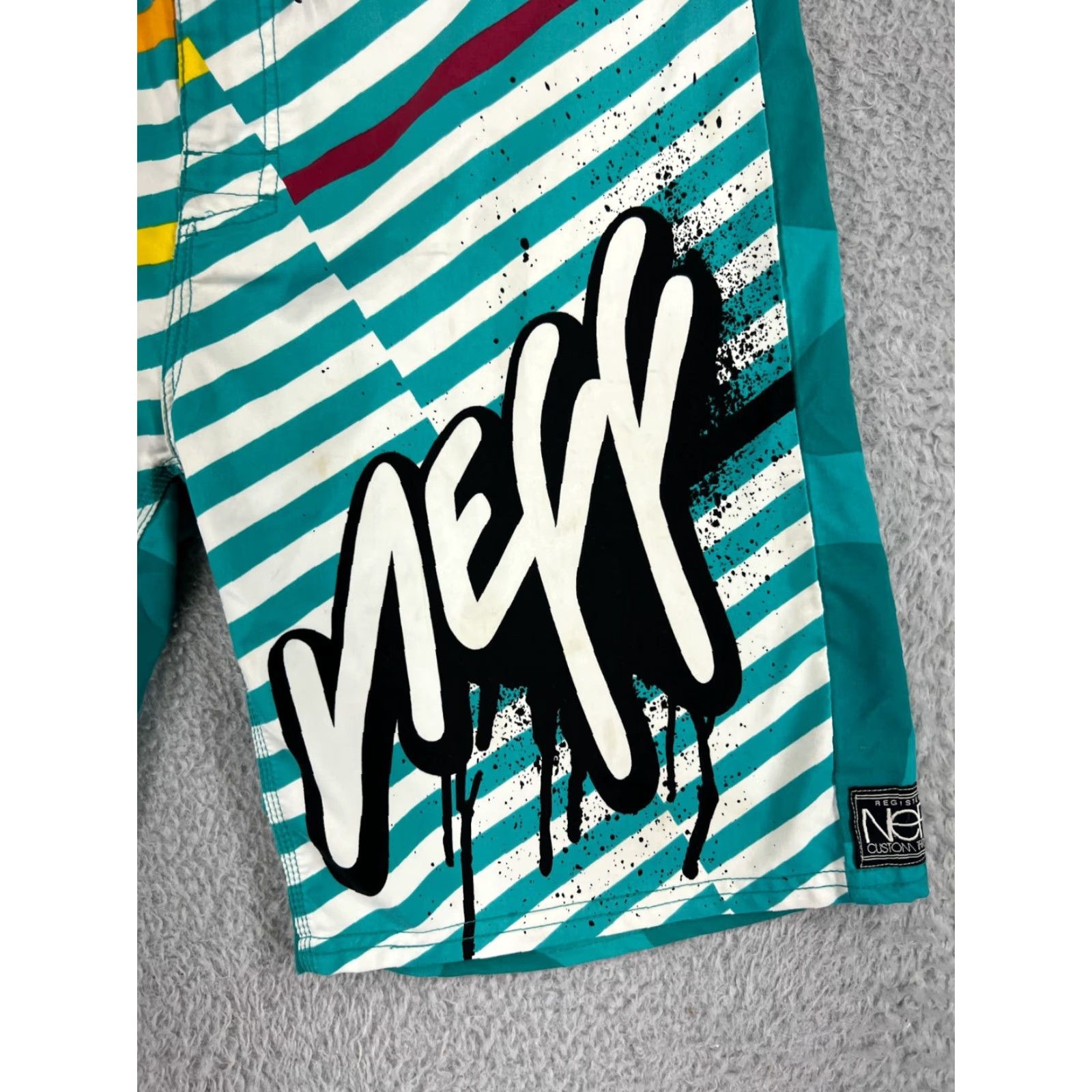 Vintage NEFF Swim Trunks Men 34 Teal Board Shorts Polyester Bathing Suit Surf Retro Look Green Pockets Drawstring Breathable 100% Polyester Mens Bottom Size US 34 / EU 50 - 6 Thumbnail