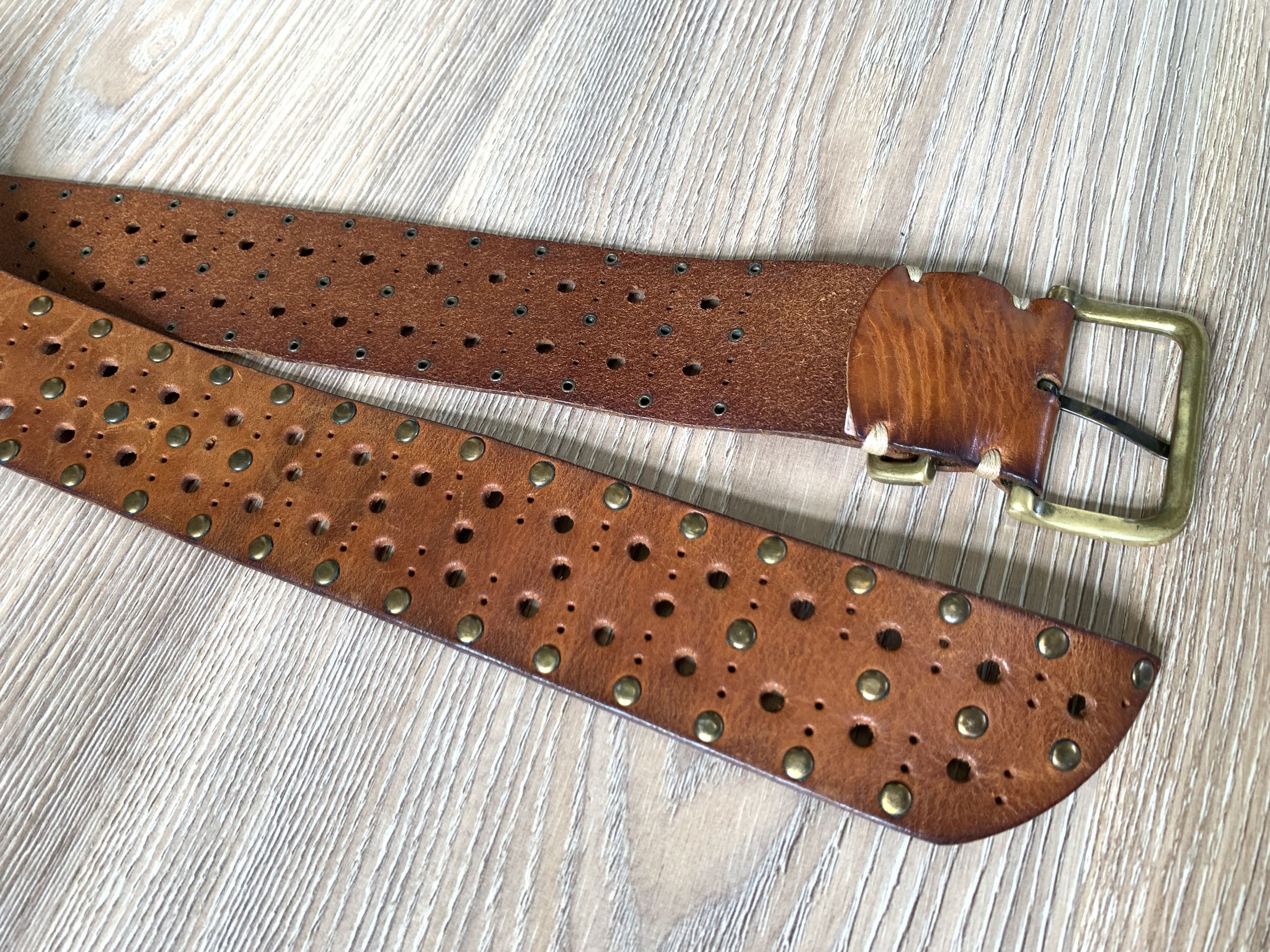 Handmade × Vintage Brown Handmade Perforated Leather Belt Size ONE SIZE - 5 Thumbnail