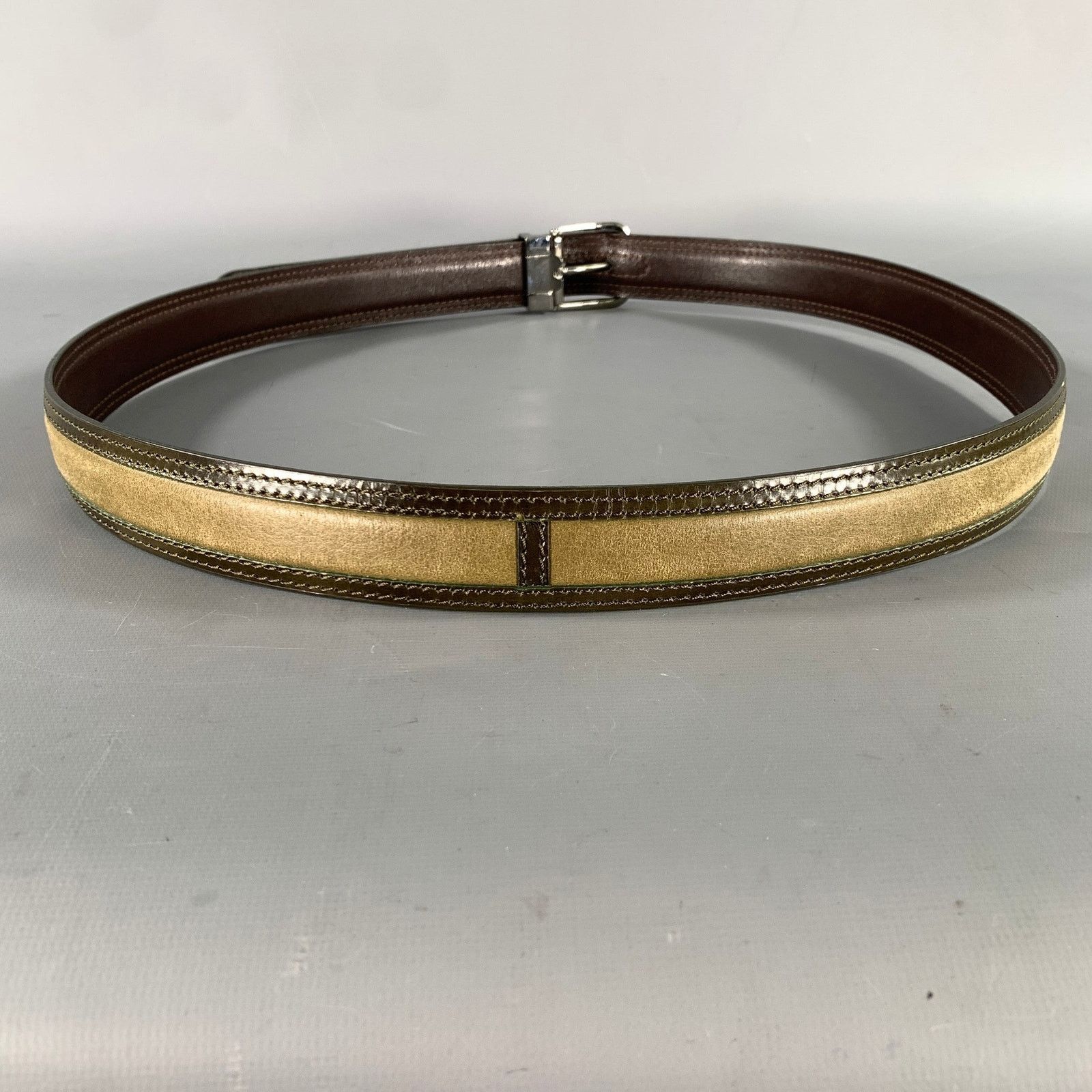 Moreschi MORESCHI Size 38 Brown Olive Mixed Pattern Leather Belt Size 38 - 3 Thumbnail