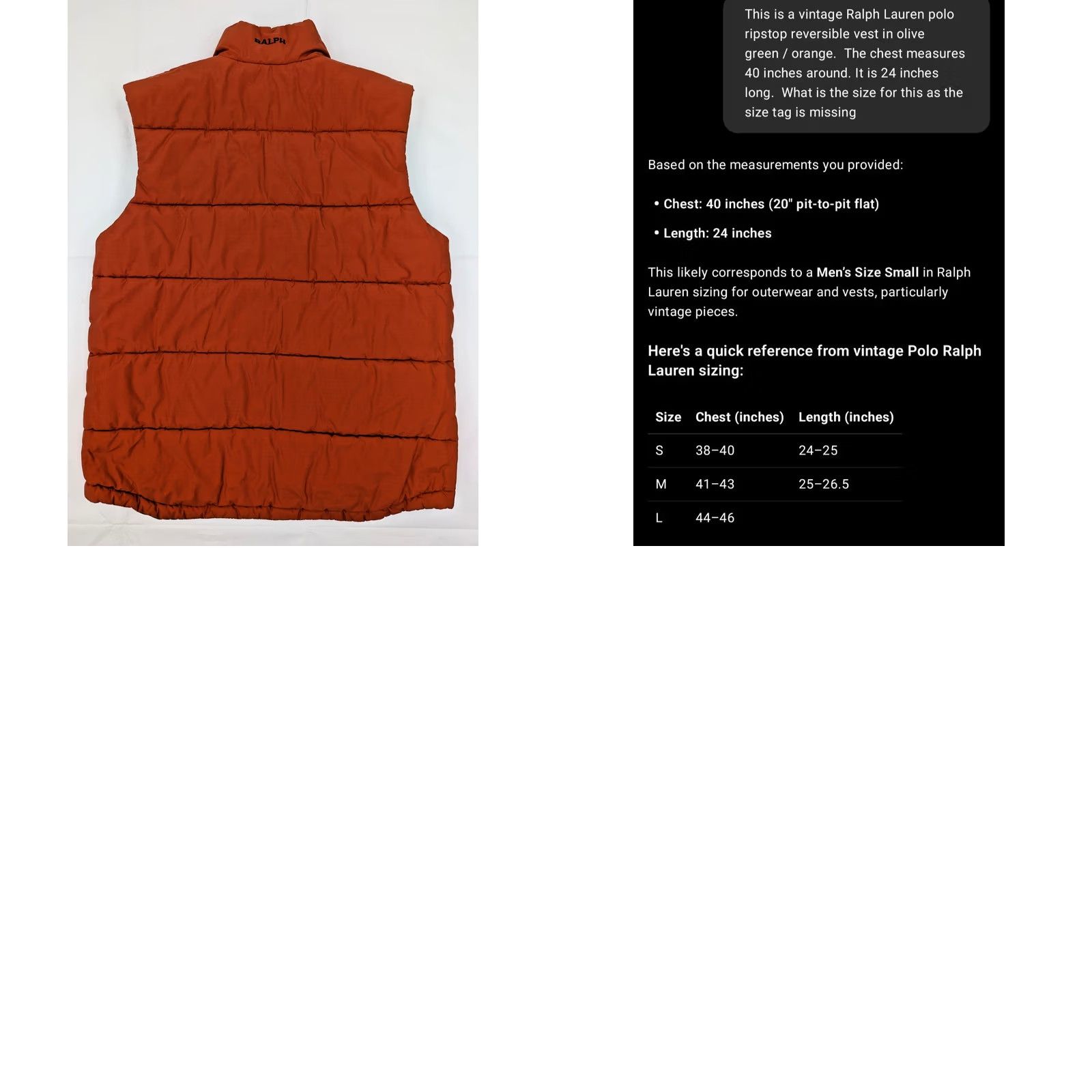 Polo Ralph Lauren Polo Ralph Lauren Vest Reversible Ripstop Outdoor Men S Olive Green Orange Full Zip Puffer Insulated Mid-Length 40 in Chest Size Size US S / EU 44-46 / 1 - 9 Thumbnail