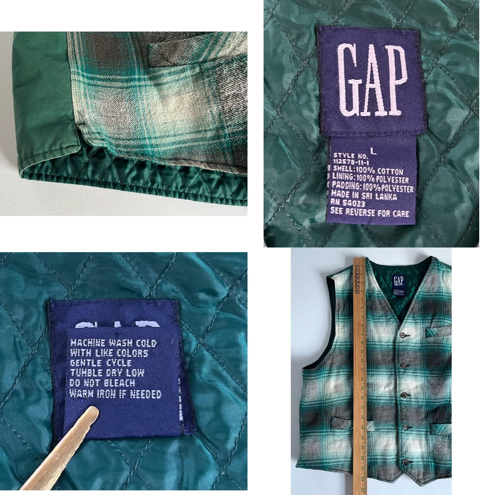 Gap VINTAGE Gap Vest Shirt Men 90s Plaid Green L Waistcoat Padded Pockets Size US L / EU 52-54 / 3 - 8 Thumbnail