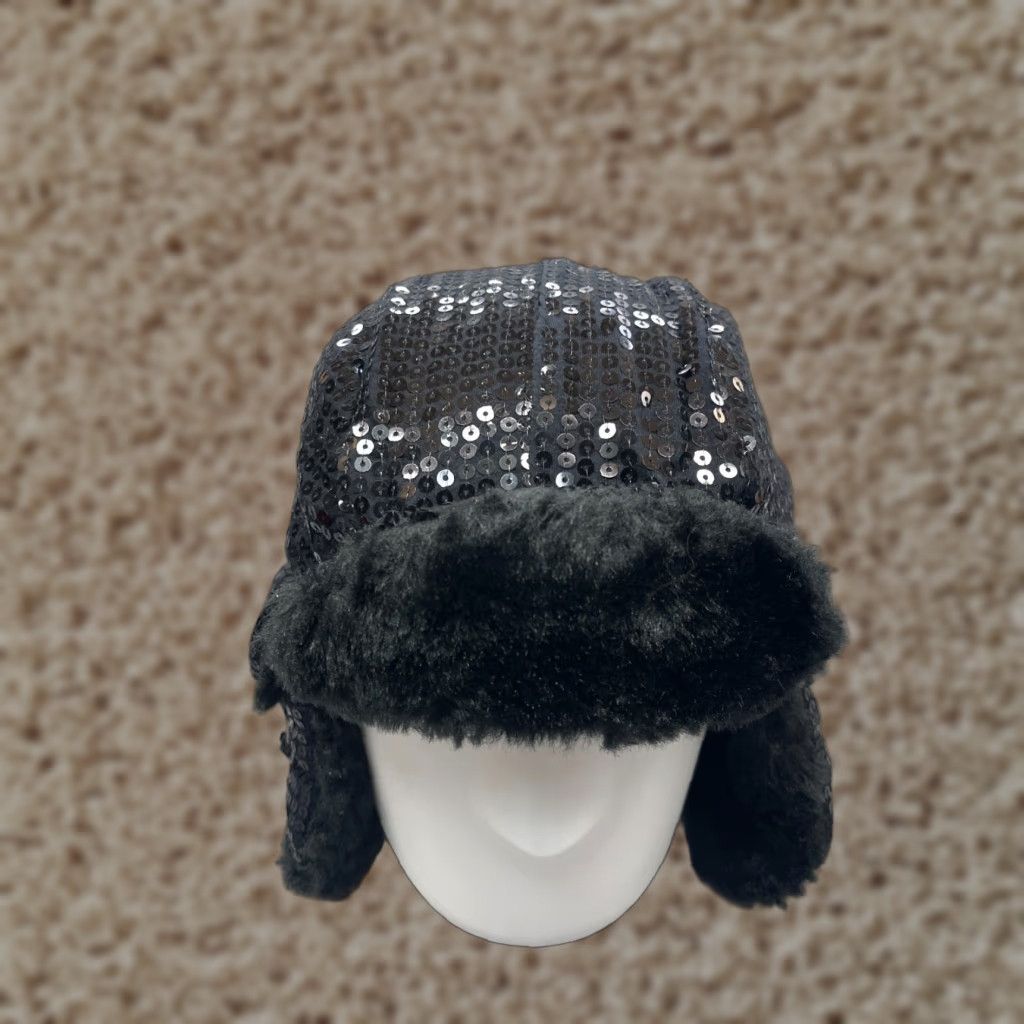 Vintage GMA Accessories Trapper Hat One Size Black Knit Polyester Faux Sequin Womens Size ONE SIZE - 1 Thumbnail