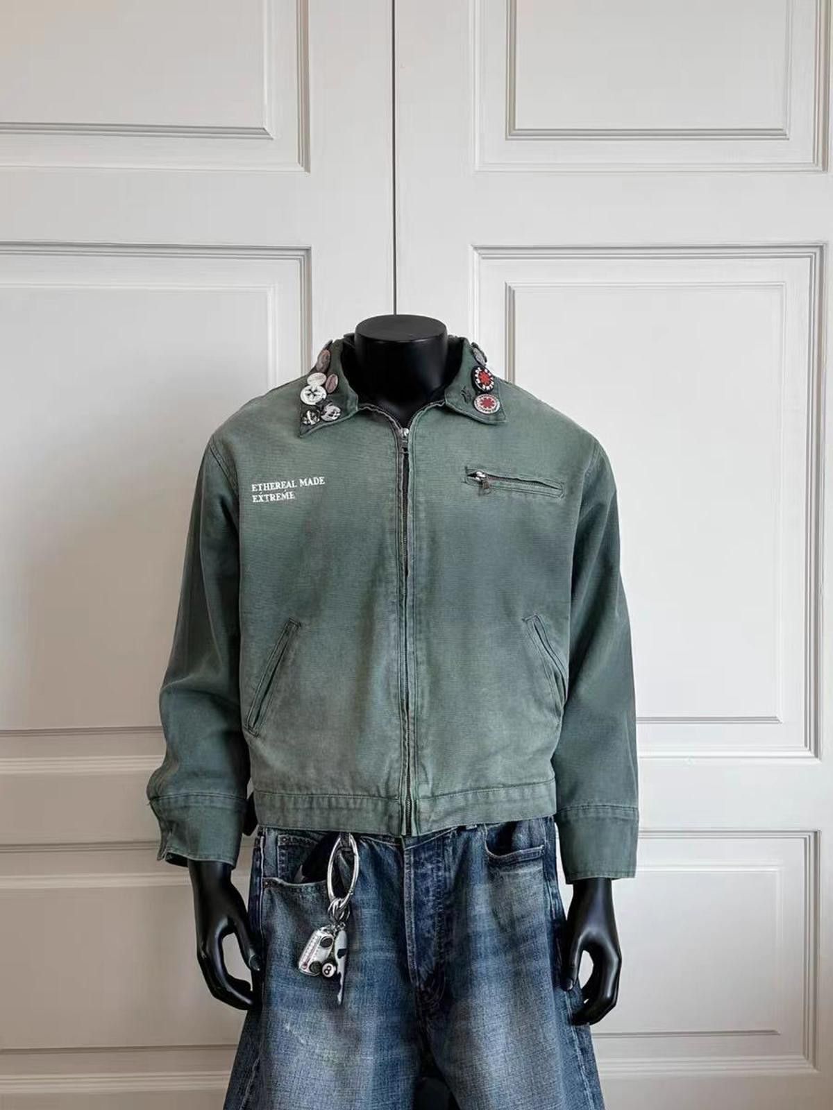 Green Utility Jacket with Button Collar Pins