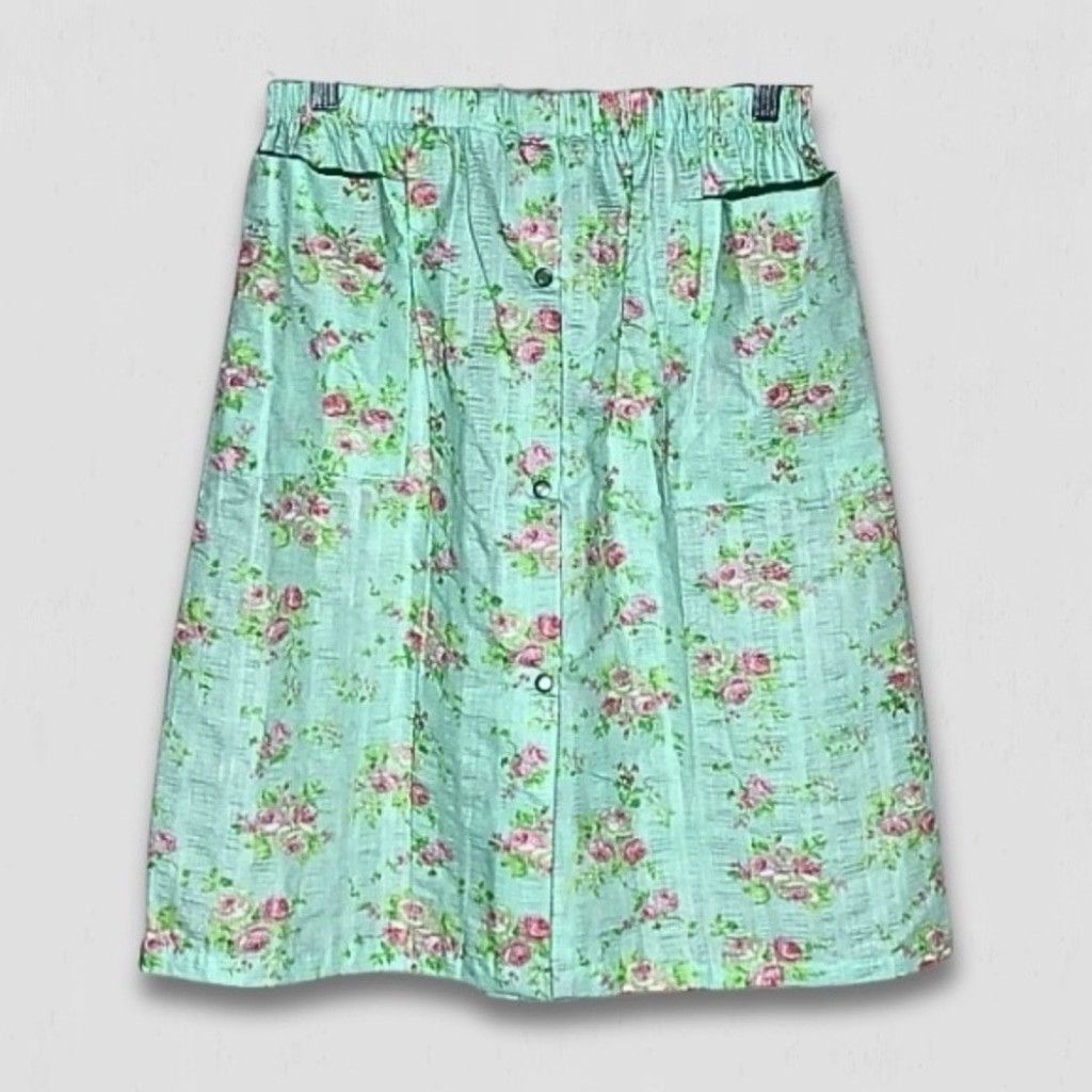 Vintage 90s Midi Skirt Boho Cottage Floral Cotton Green/Pink S/M Size 24" / US 00 / IT 34 - 1 Thumbnail