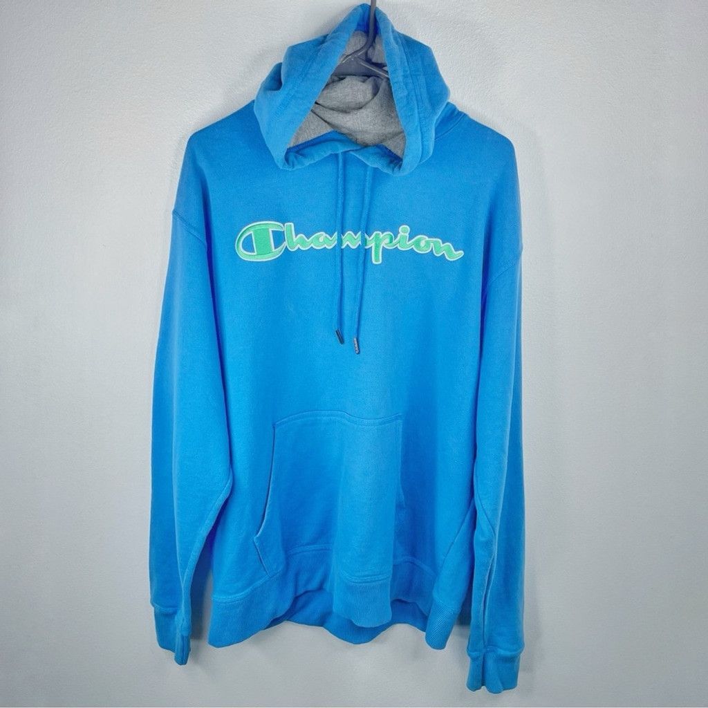 Champion CHAMPION Mens Baby Blue Hoodie Neon Green Logo Like New L Grailed