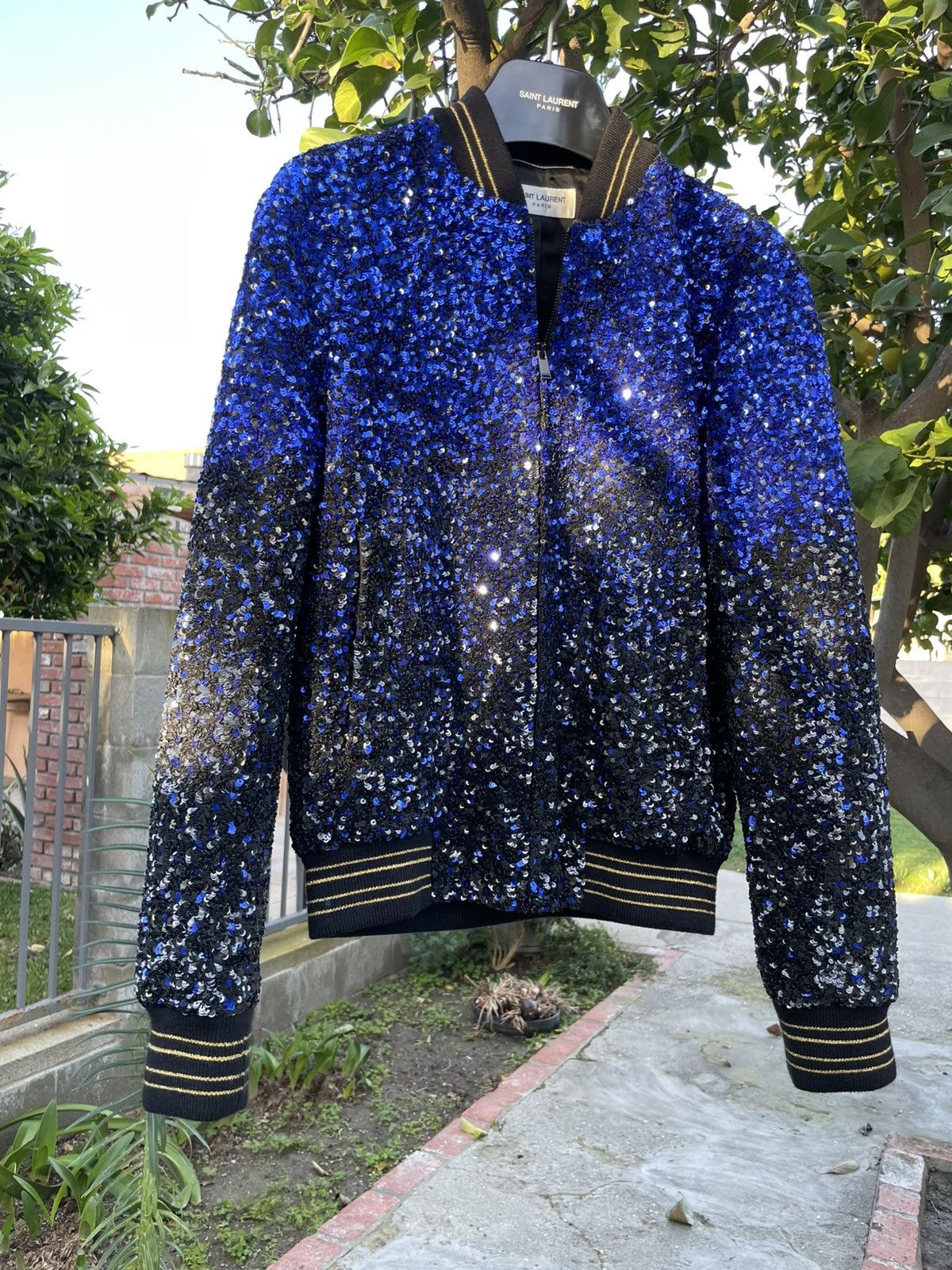 Saint Laurent Paris Saint Laurent Paris Teddy Varsity Sequin Bomber Jacket Blue Size US XS / EU 42 / 0 - 3 Thumbnail