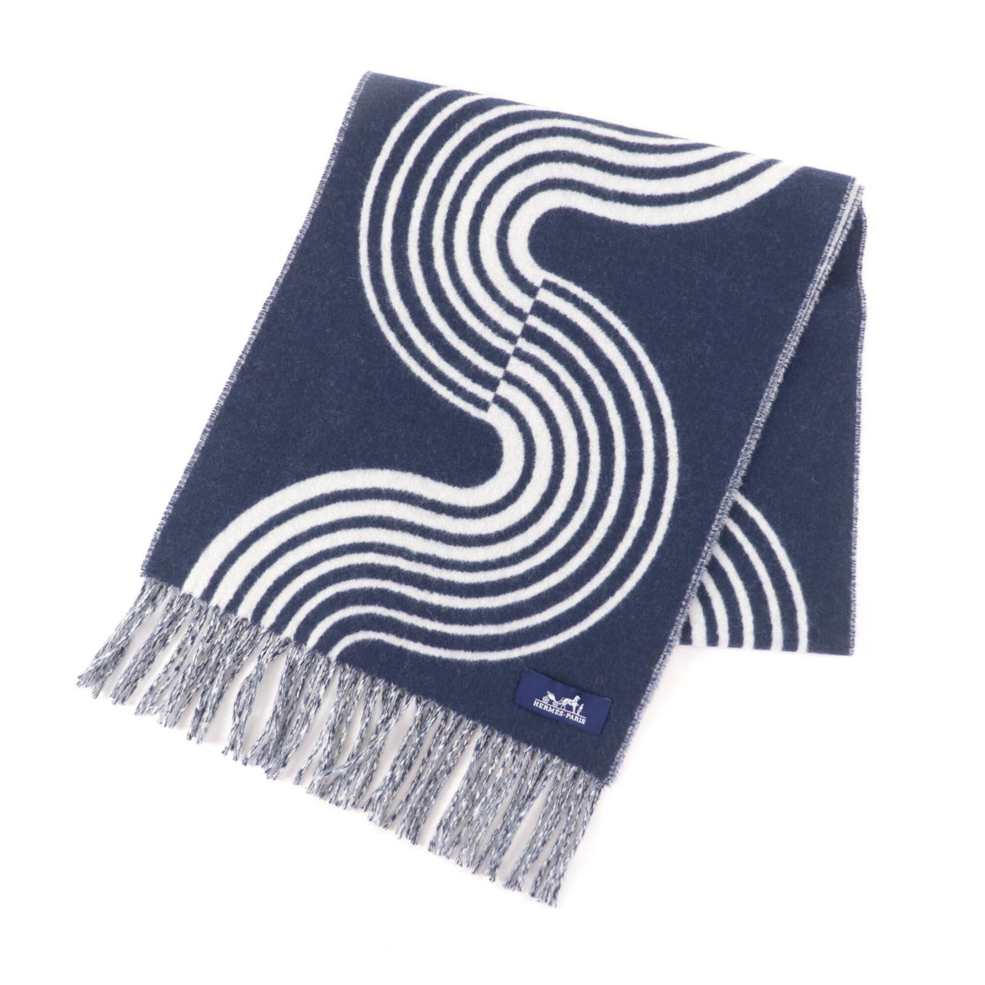 Hermes HERMES Casaque Vague 100% Cashmere Fringed Scarf, Navy and White, with Box, Made in England, Women's Size ONE SIZE - 1 Thumbnail