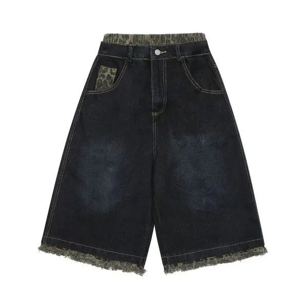 Vintage VIBE Navy Spliced Leopard Print Washed Loose Fit 7/10 Shorts Size US 30 / EU 46 - 5 Thumbnail