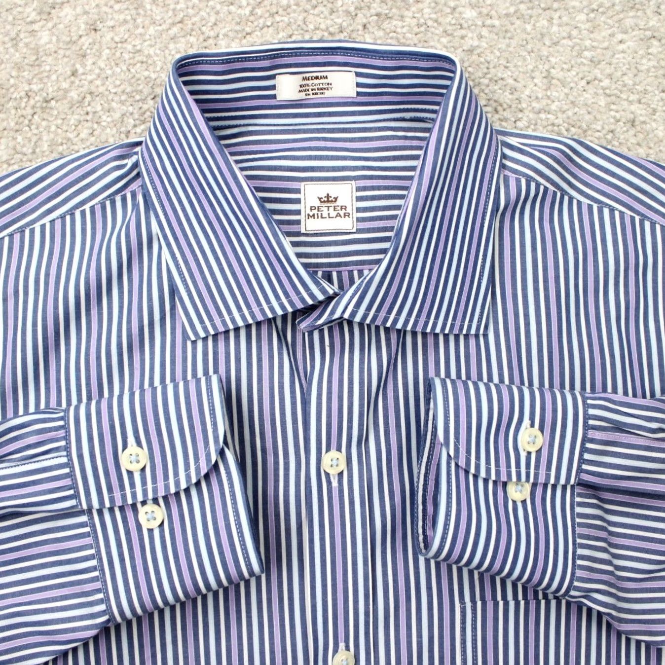 Peter Millar Peter Millar Crown Shirt Mens Medium Blue/Purple/White Striped 100% Cotton Button-Down Long Sleeve Size US M / EU 48-50 / 2 - 2 Thumbnail