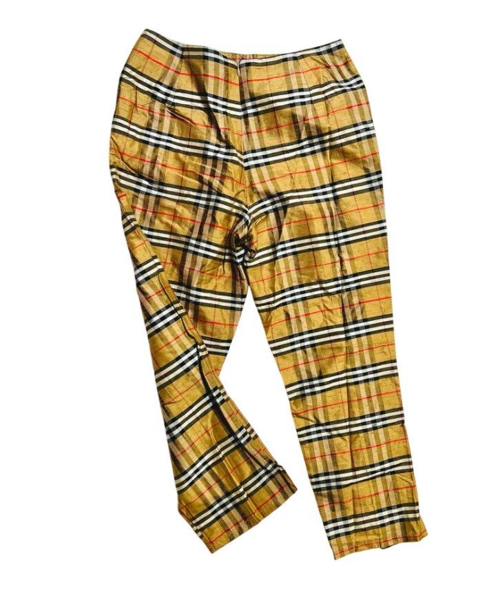 Other Vintage Karen Warren Raw Silk Gold Plaid Check Pants Size 6 Size 28" / US 6 / IT 42 - 2 Thumbnail