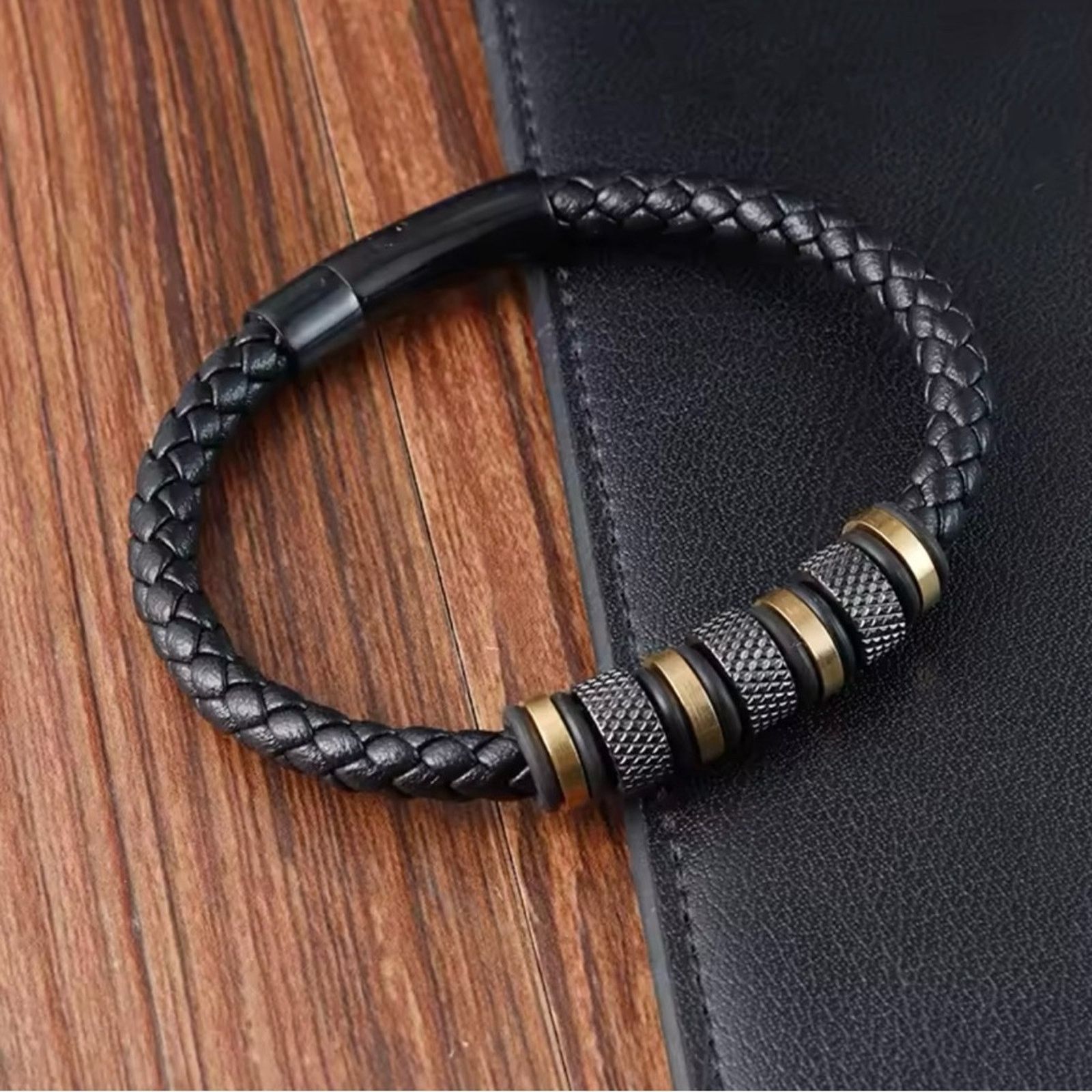 Other Men’s Stainless Steel Beaded Black Leather Bracelet 8” Size ONE SIZE - 2 Thumbnail