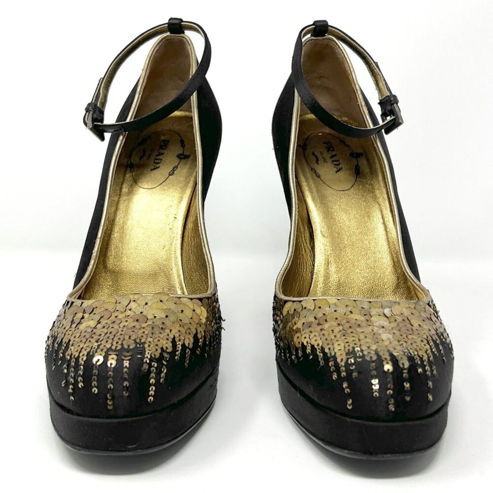 Prada Prada Black Satin Gold Sequins Mary Jane Platform Pumps Size US 8.5 / IT 38.5 - 4 Thumbnail