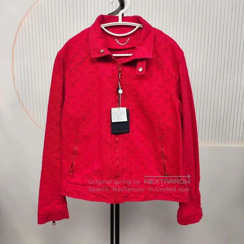 LV Monogram Stand Collar Denim Jacket Red 48.