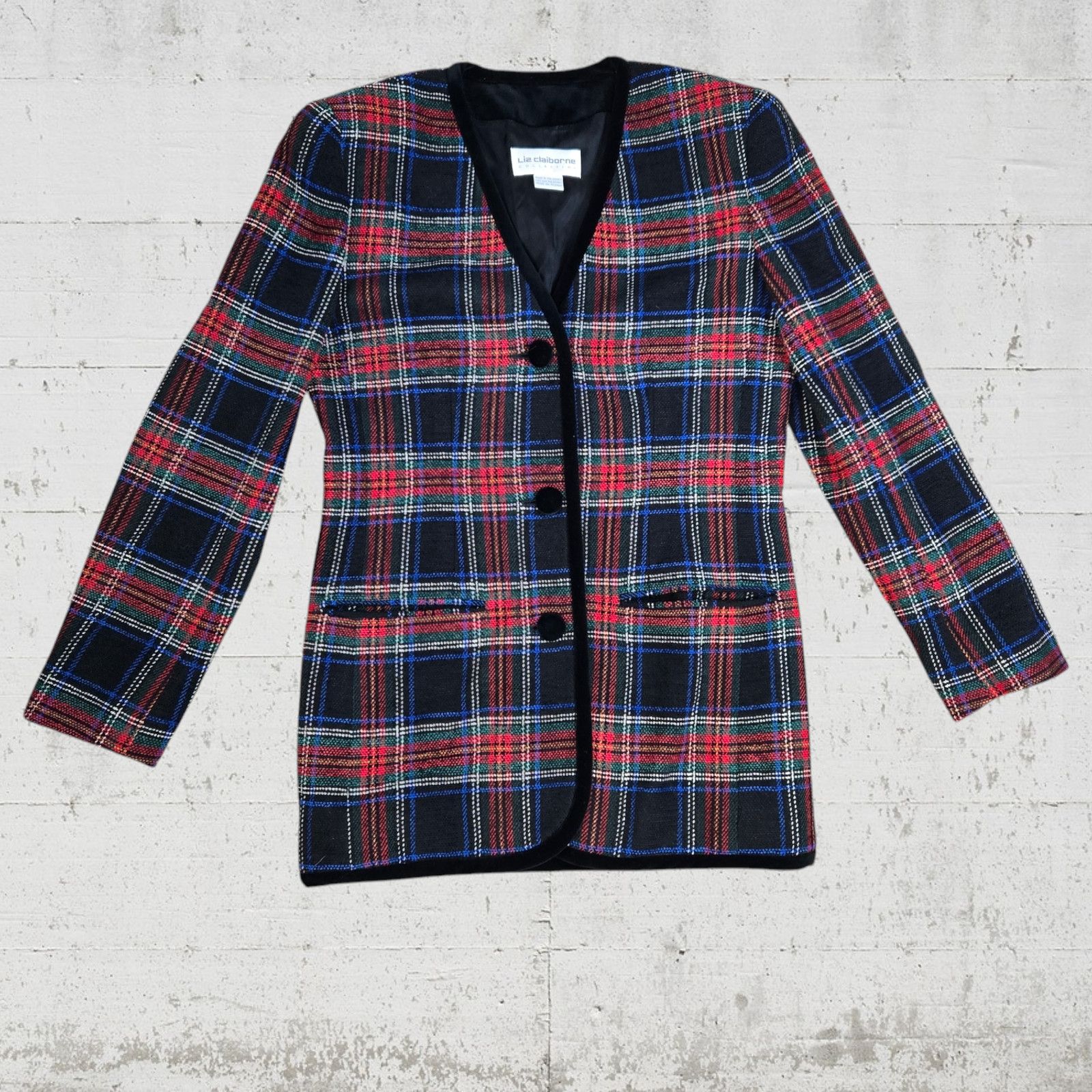 Vintage 90s Tartan Wool Velvet Trim Blazer Size 4 Size S / US 4 / IT 40 - 2 Thumbnail