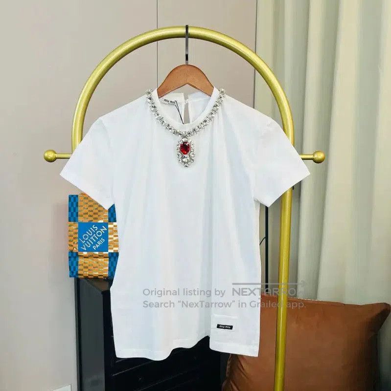 Miu Miu Miu Miu White Cotton T-Shirt with Gem Detail . Size S / US 4 / IT 40 - 1 Thumbnail
