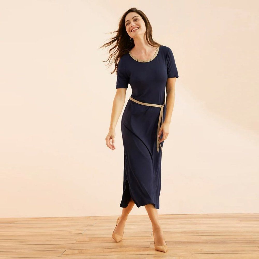 Chicos NWT New Chico's Faux Suede-Trim Midi Blue Dress Size 1 US M Size M / US 6-8 / IT 42-44 - 2 Thumbnail