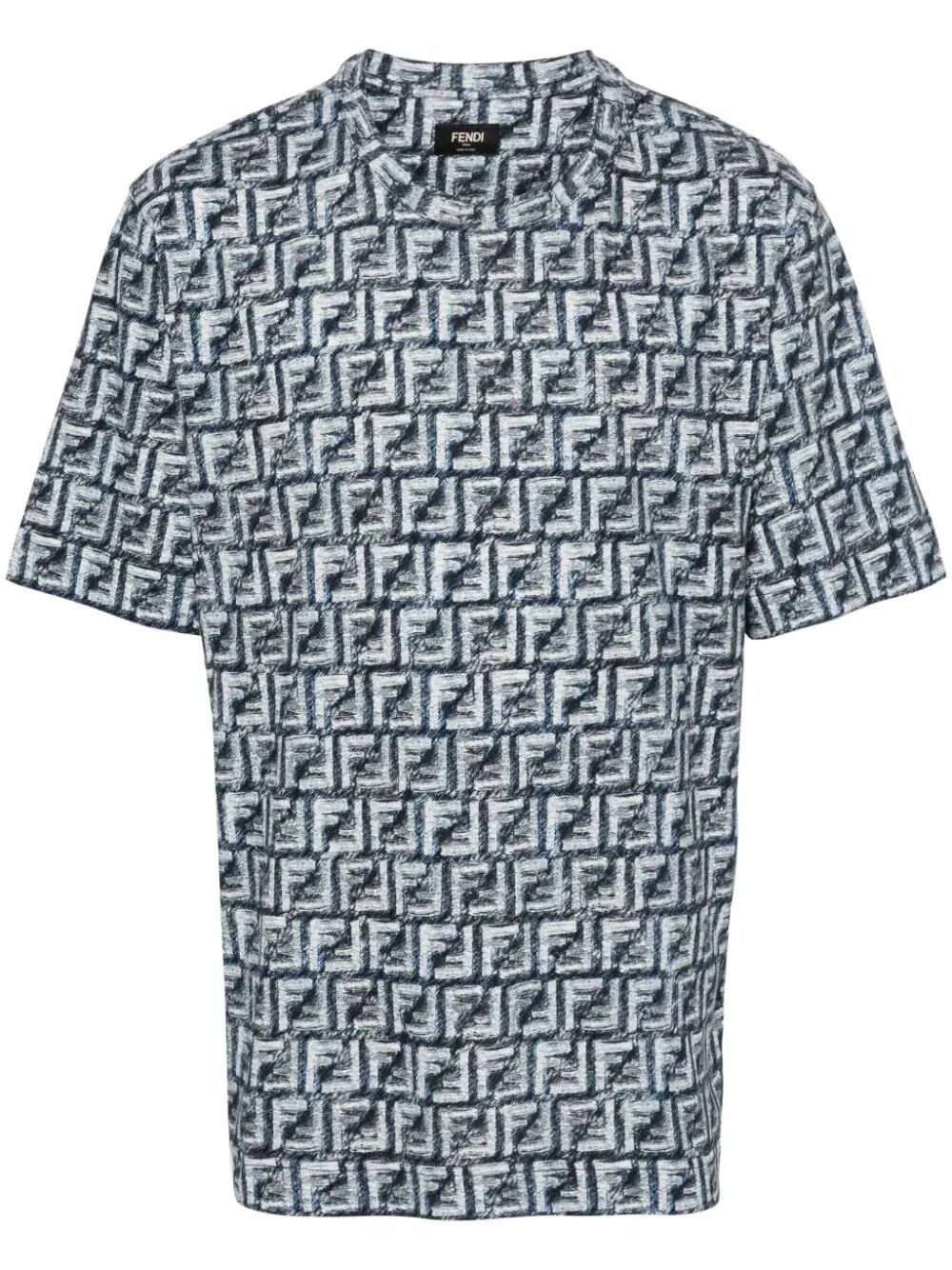 image of Fendi Fringed Effect Ff Print Oversized T-Shirt in Blue, Men's (Size XL)