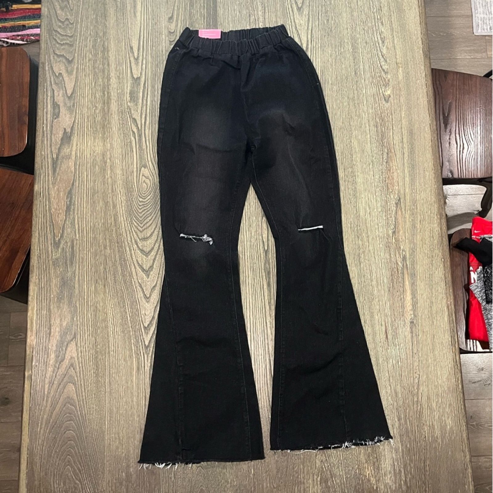 Vintage Fashion Flared Pants High Rise Elastic Waist Raw Hem Size S Size 26" / US 2 / IT 38 - 1 Thumbnail