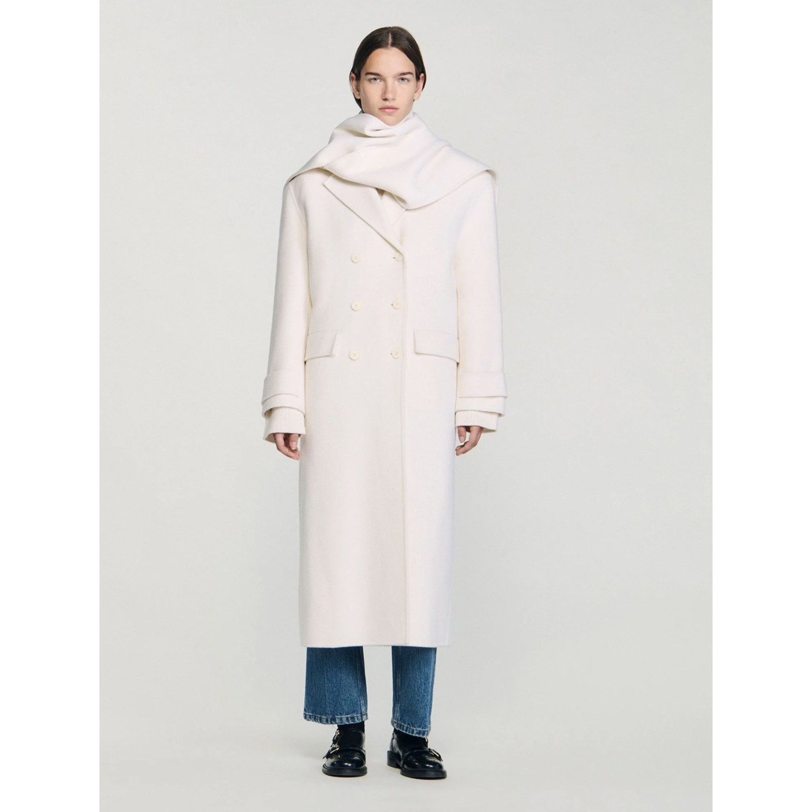 Sandro Sandro Womens Wrap Scarf Collar Long Overcoat 42 White Size M / US 6-8 / IT 42-44 - 2 Thumbnail
