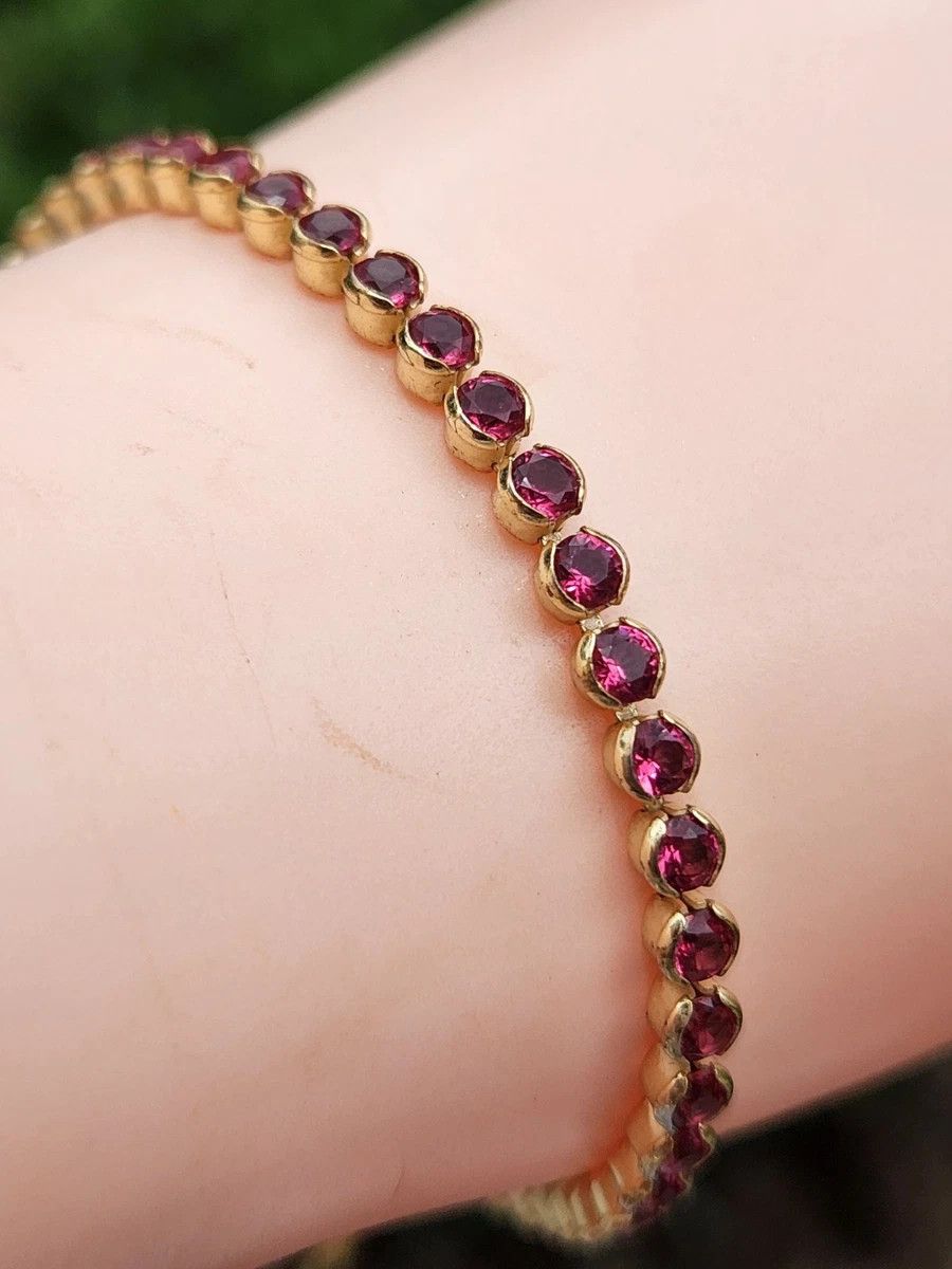 Sterling Silver Sterling Silver Tennis Bracelet Garnet Gold 8" Size ONE SIZE - 2 Thumbnail