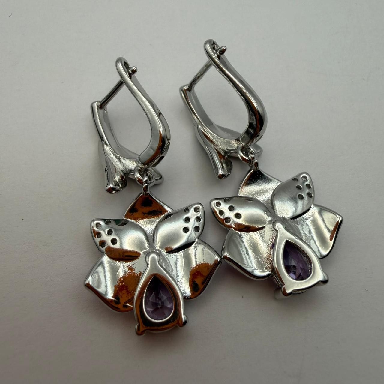 Sterling Silver 925 Sterling Silver Purple Floral Crystal Earrings Size ONE SIZE - 2 Thumbnail