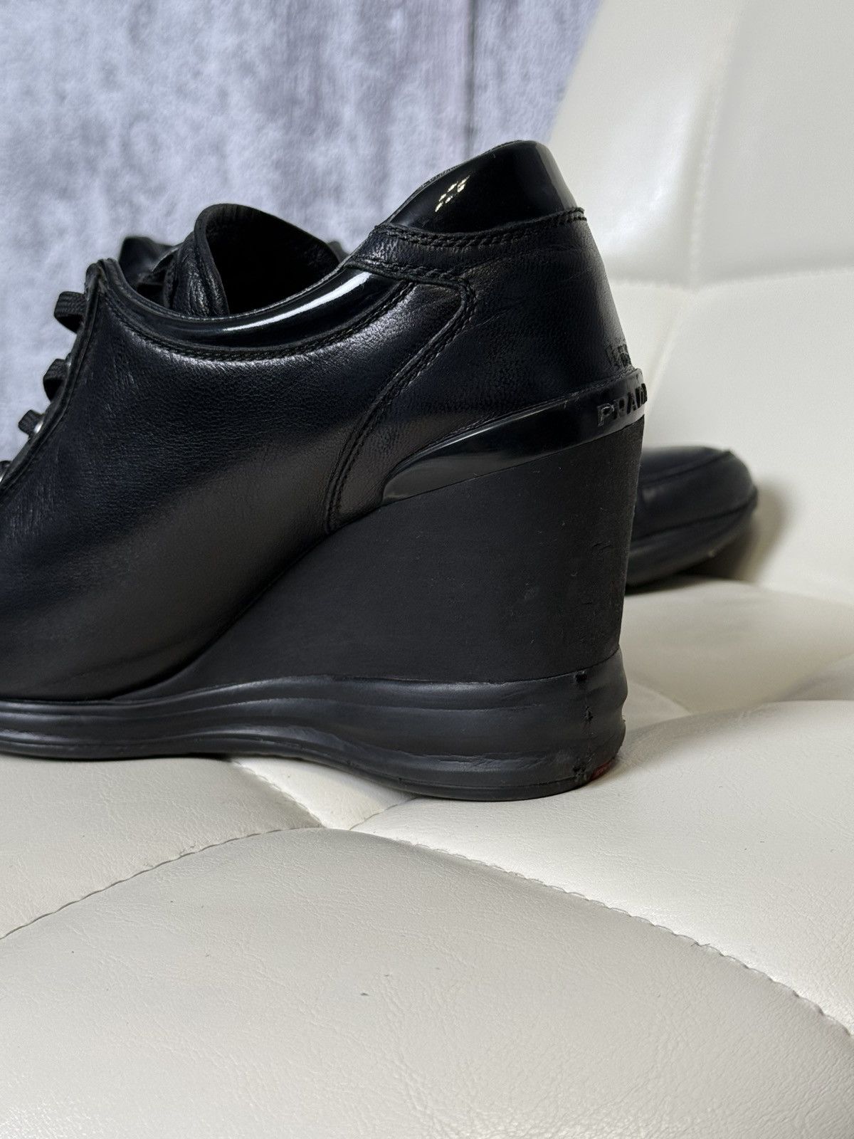 Prada PRADA Wedge Sneakers Black Leather Womens Platform Shoes Size US 6.5 / IT 36.5 - 15 Thumbnail