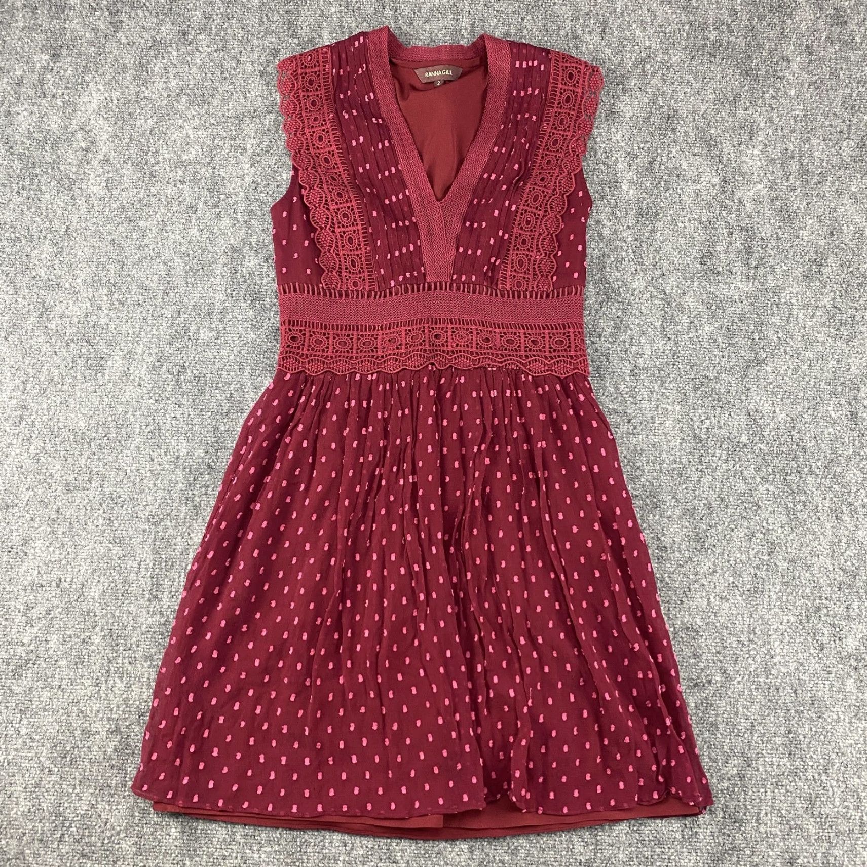 Vintage Ranna Gill Dress Womens 2 Burgundy Clip Dot Crochet Lace V-Neck Sleeveless Boho Dress Clip Dot Burgundy V-Neck Sleeveless Womens Size XS / US 0-2 / IT 36-38 - 2 Thumbnail