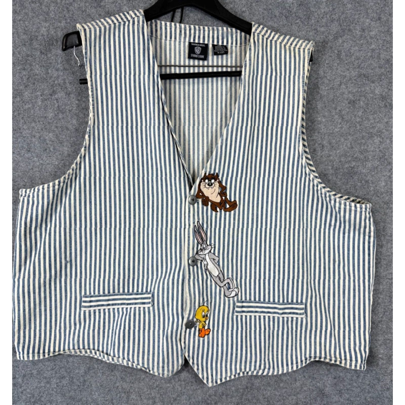 Vintage VINTAGE Warner Bros. Denim Vest Womens 2XL Blue White Striped Taz & Tweety 1996 Casual Vest Womens 2XL Blue White Striped Cartoon 90s Mens/ Womens Size XXL / US 16-18 / IT 52-54 - 2 Thumbnail