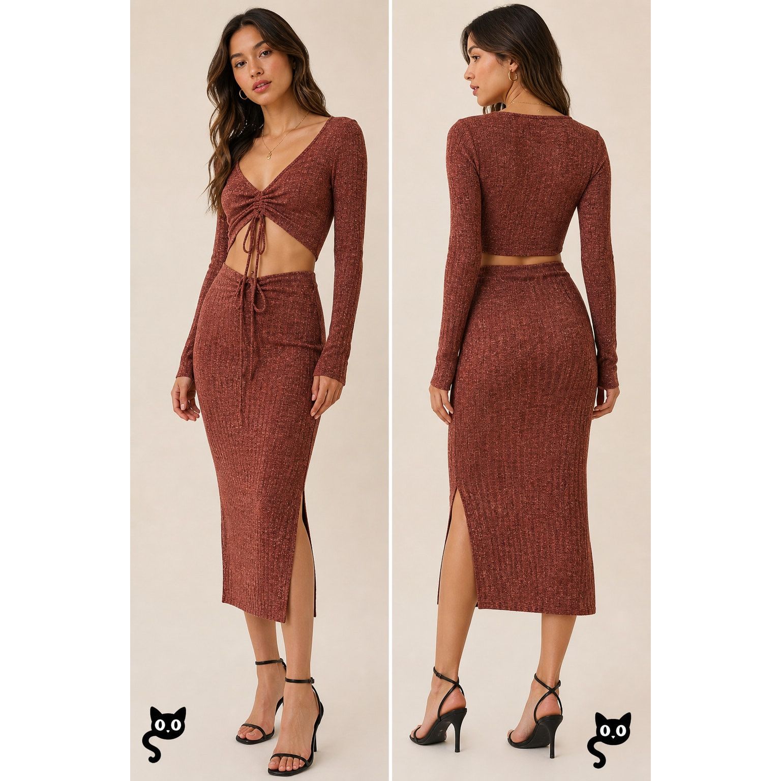 Other Beige Botany Rust 2-Piece Rib Knit Skirt + VNeck Top M Size M / US 6-8 / IT 42-44 - 3 Thumbnail
