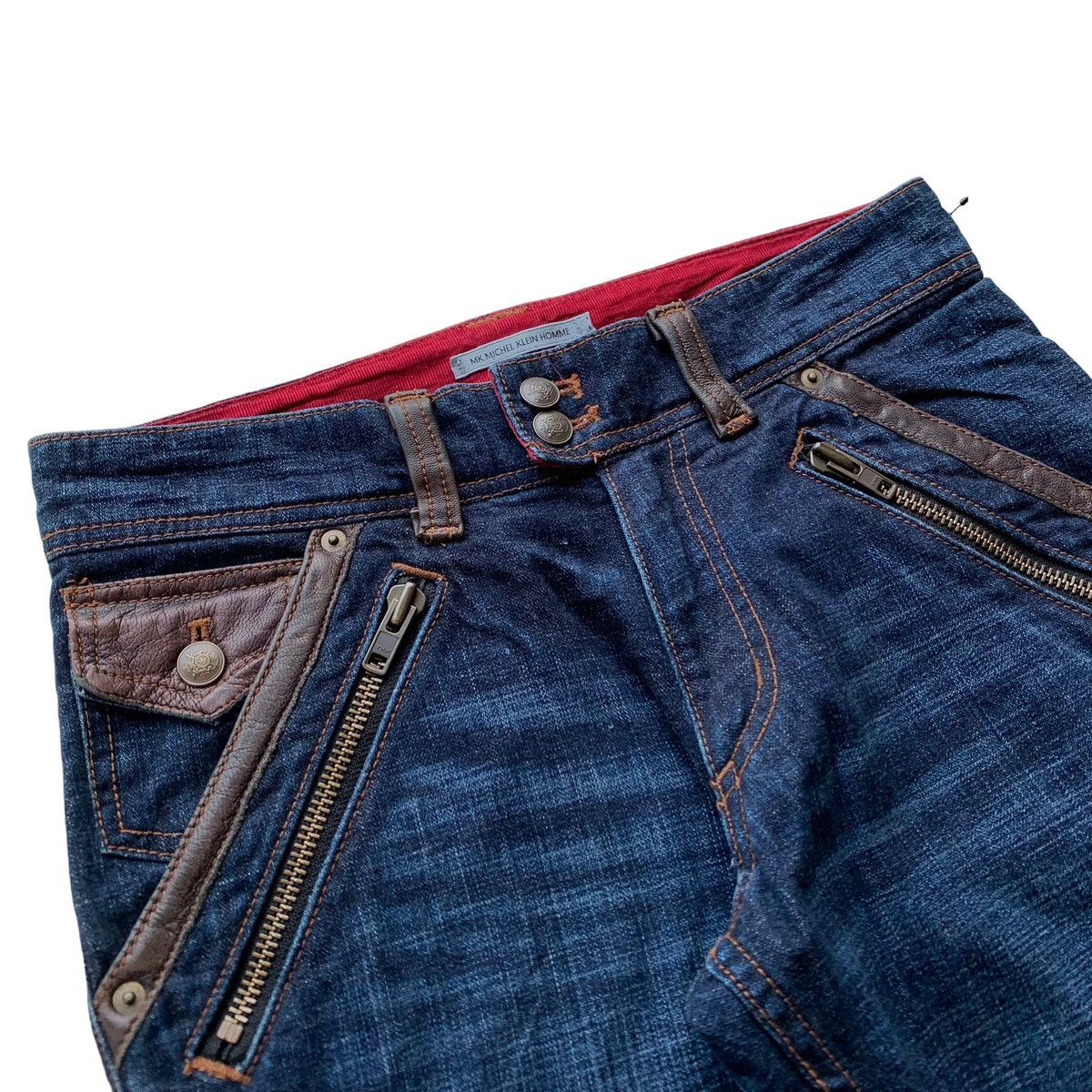 Japanese Brand 2000s Michel Klein Homme Flared Mix Leather Multi Zip Jeans Size US 32 / EU 48 - 3 Thumbnail