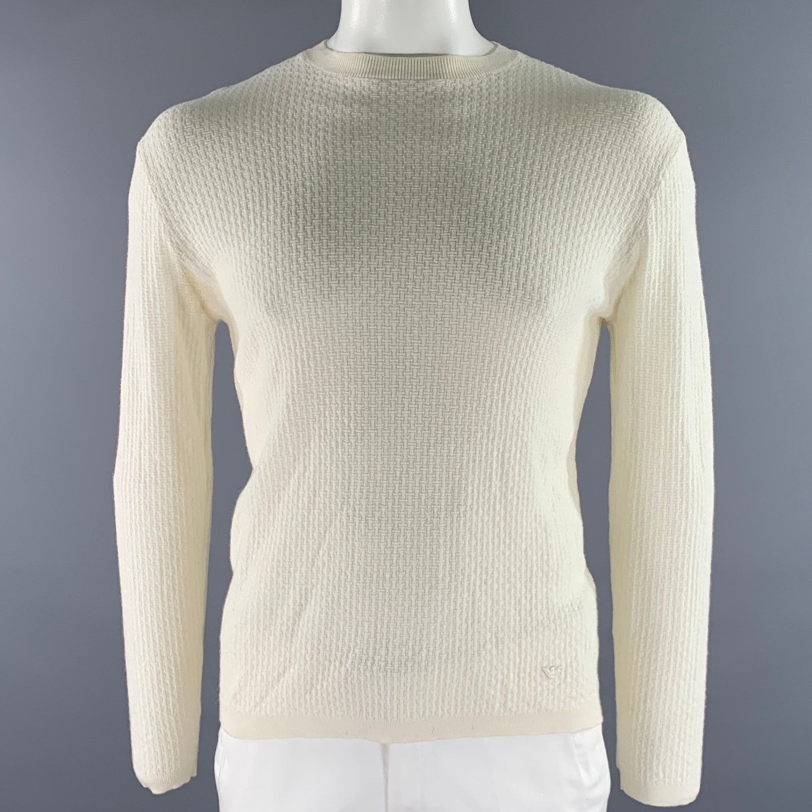 Emporio Armani EMPORIO ARMANI Size XL Cream Waffle Knit Crew-Neck Pullover Size US XL / EU 56 / 4 - 1 Thumbnail