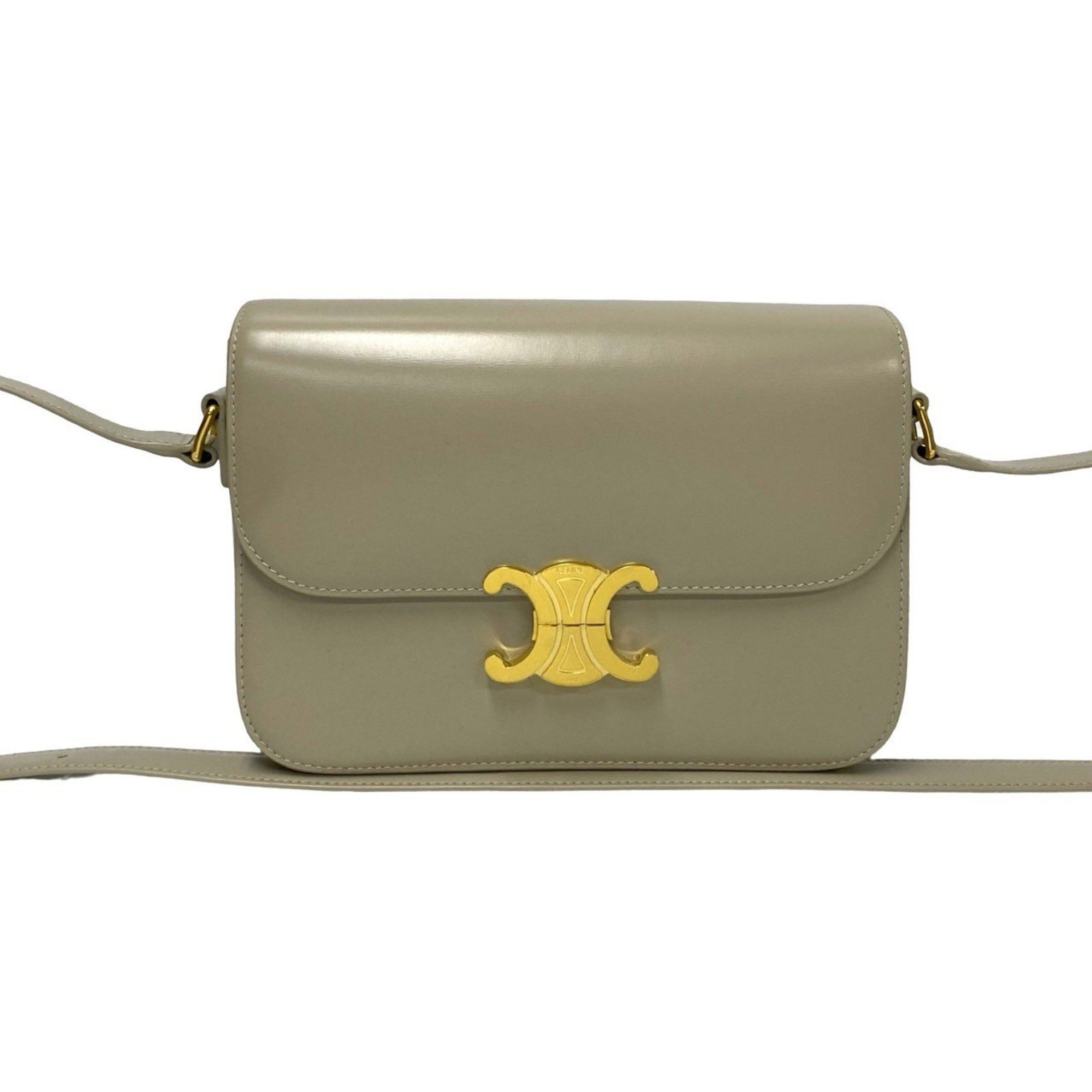 CELINE Classic Triomphe Calfskin Leather Shoulder Bag/Pochette, Beige, 98103