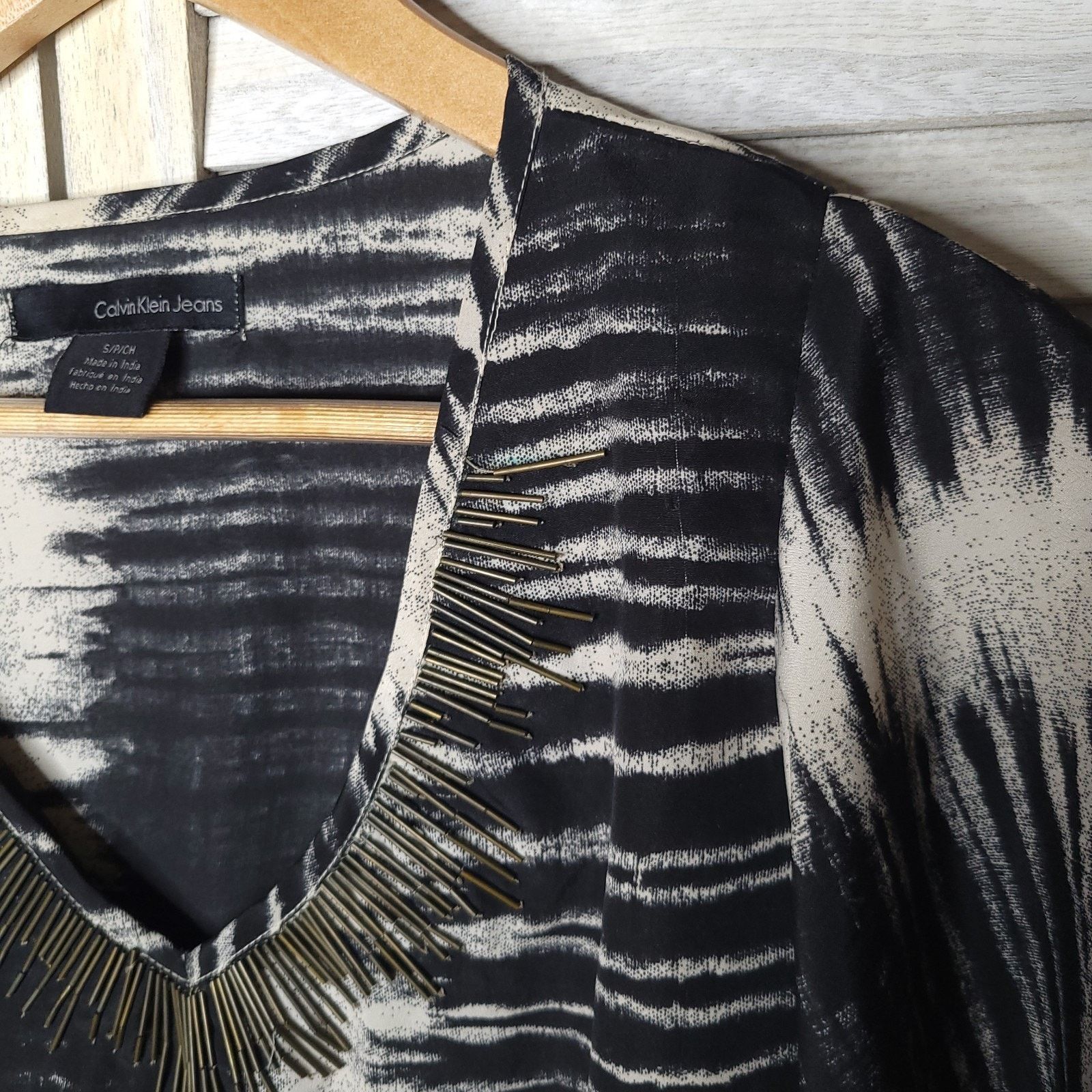 Calvin Klein Calvin Klein Print Caftan Small Beaded Tie Waist Black White Size S / US 4 / IT 40 - 4 Thumbnail