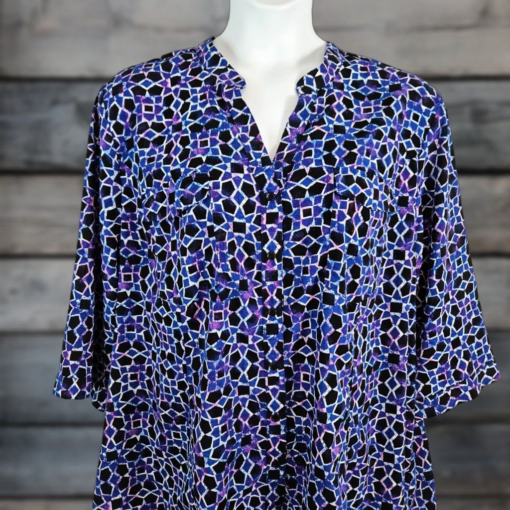 Vintage Catherines Button-Up Top Womens 3X Blue Black 3/4 Sleeve Polyester Size XXL / US 16-18 / IT 52-54 - 1 Thumbnail
