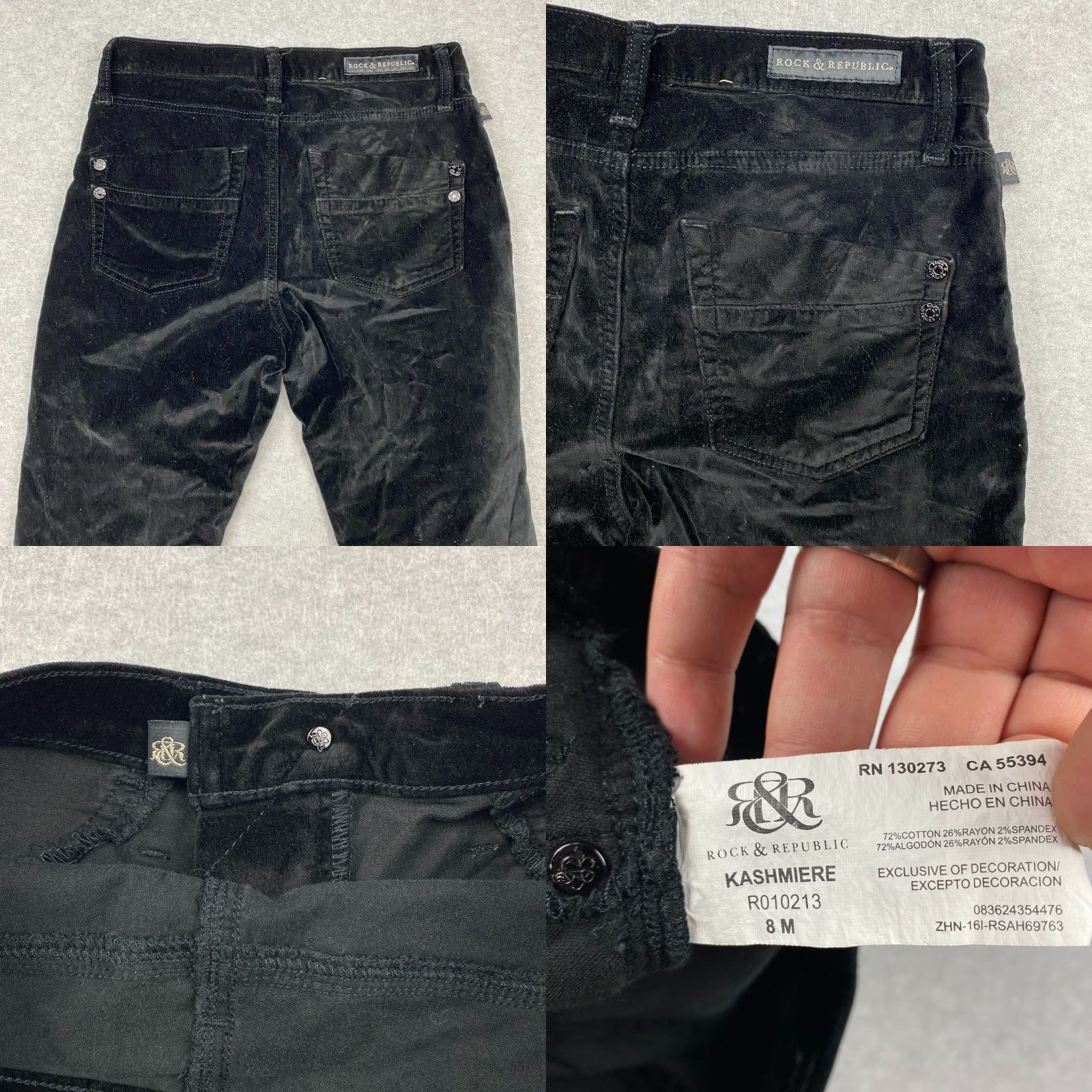 Vintage Rock & Republic Kashmiere Pants Womens 8M Black Velvet Skinny Mid-Rise Stretch Size 30" / US 8 / IT 44 - 9 Thumbnail