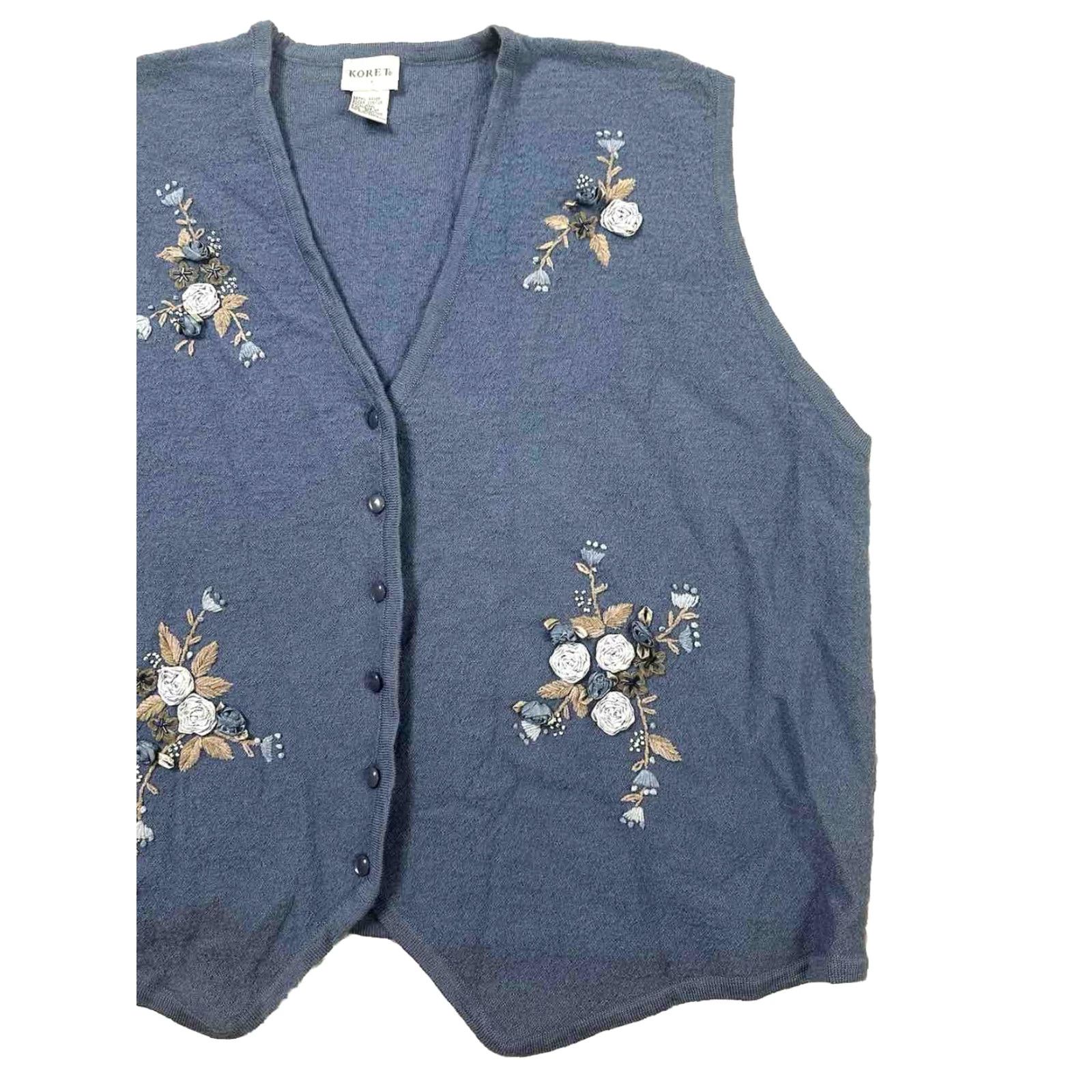 Vintage VINTAGE Koret Sweater Vest Woman 2XL Blue Floral Embroidered Wool Button Knit Collarless Bohemian 80s Spring Winter Women Size XXL / US 16-18 / IT 52-54 - 2 Thumbnail
