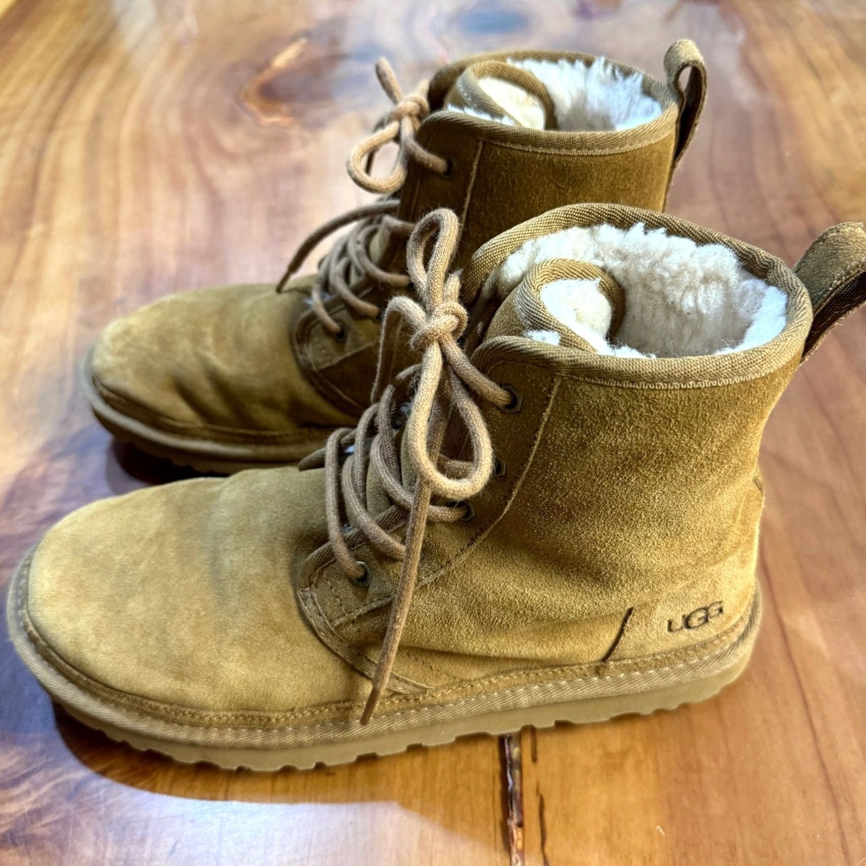 Ugg UGG Suede Ankle Boots 9 Mini Harkley 1016472 Shearling Lace Up Beige Bootie, Casual Winter Flat Heel Womens Size US 12 / IT 42 - 3 Thumbnail