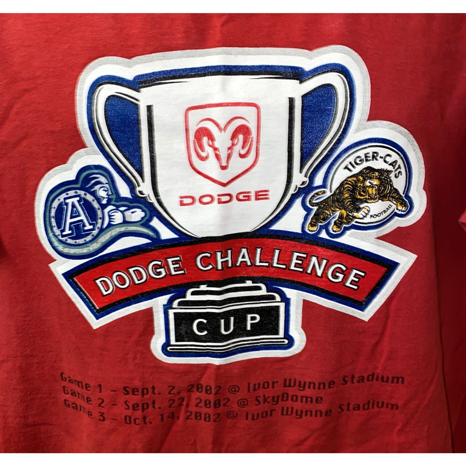 Vintage VINTAGE Dodge T-Shirt Men XL Red Short Sleeve Graphic Size XL Tiger Cats Challenge Printed Cotton Regular Size US XL / EU 56 / 4 - 2 Thumbnail