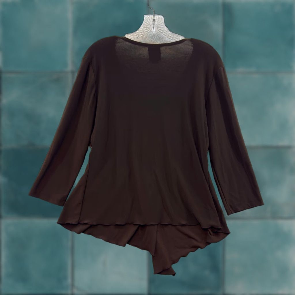 VINTAGE 90s Y2K Brown Jersey Top - XL Boho Slinky Asymmetrical Shirt Womens