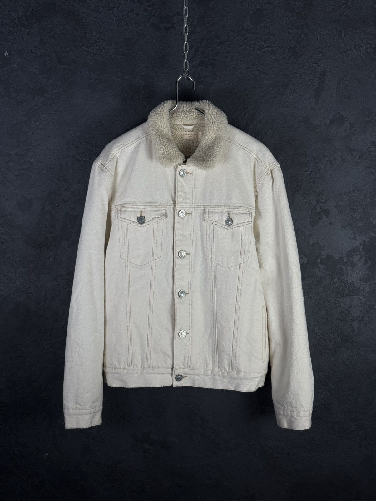 Allsaints AllSaints Mens Cream Cotton Sherpa Lined Denim Jacket Size US L / EU 52-54 / 3 - 3 Thumbnail