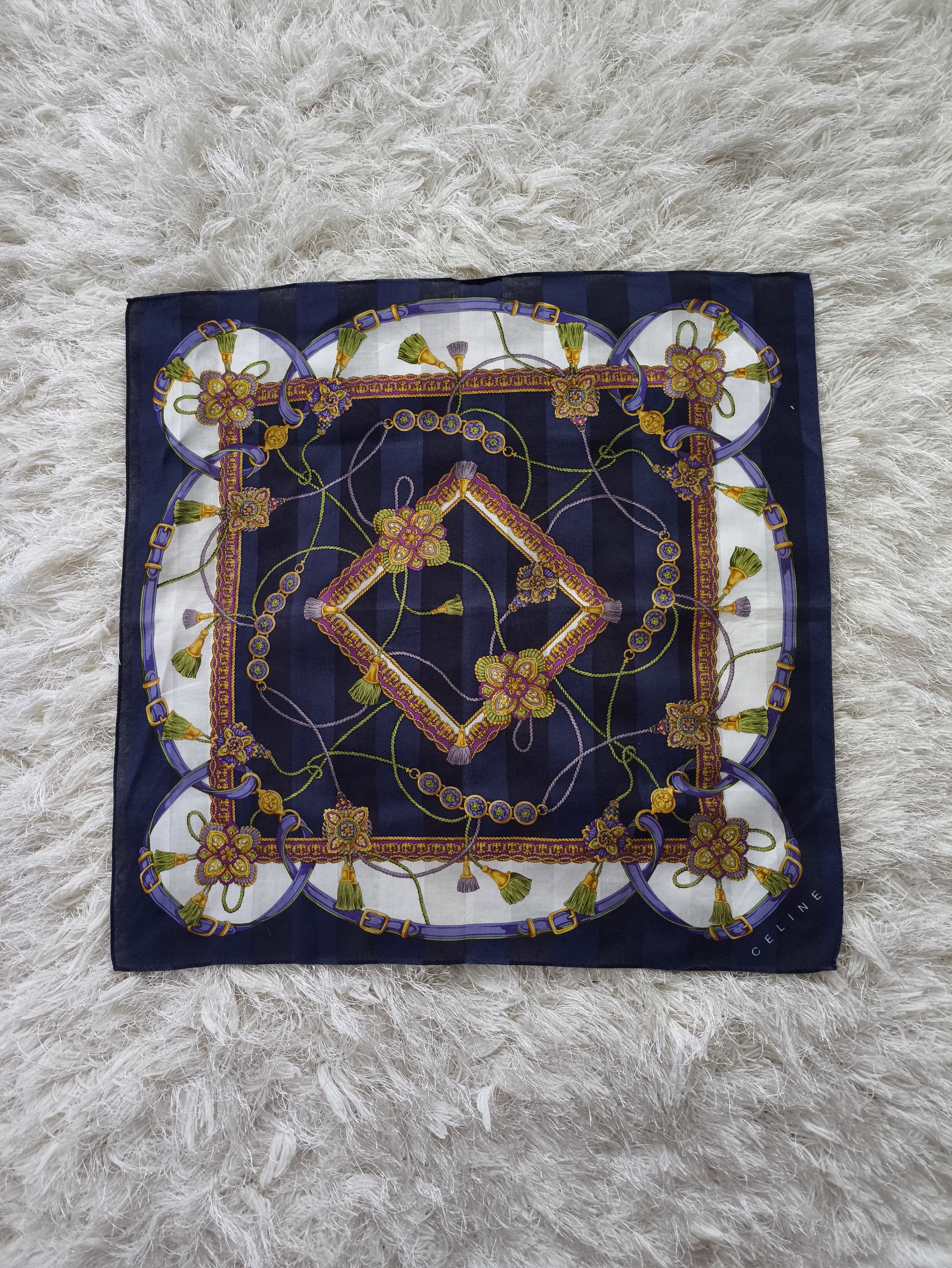 Celine Vintage CELINE Navy Blue Buckle Tassel Baroque Scarf Size ONE SIZE - 2 Thumbnail