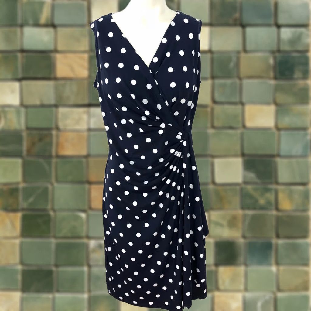 Vintage Susan Graver Polka Dot Blue Faux Wrap Dress Pettite XSP Sleeveless V-Neck A-Line Knee Length Womens PXS MINT Size XS / US 0-2 / IT 36-38 - 1 Thumbnail