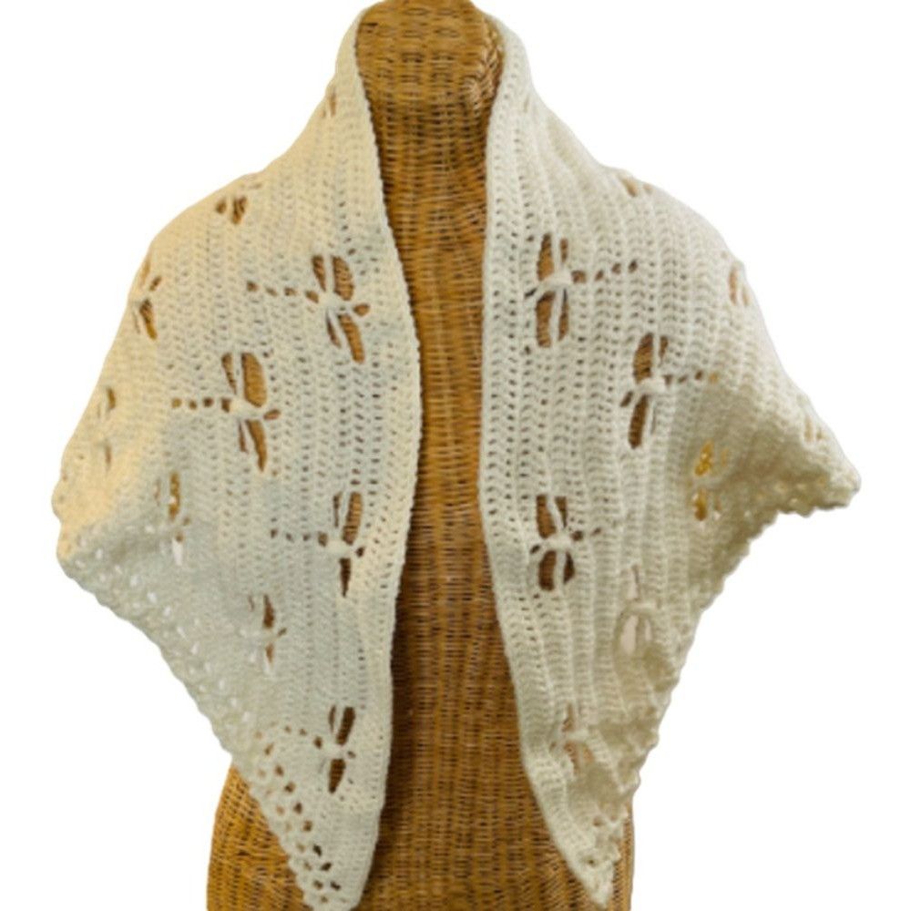 Handmade Crochet Shawl Cowl Wrap Dragonfly Cut Outs Off White 67" x 3 Size ONE SIZE - 4 Thumbnail