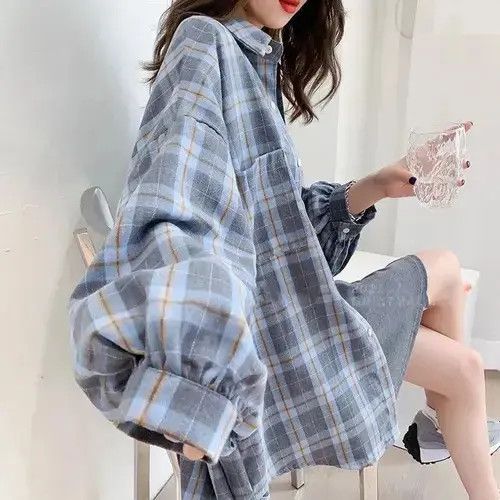 Japanese Brand Fashion Plaid Button Up Shirt Women Spring Size ONE SIZE - 2 Thumbnail