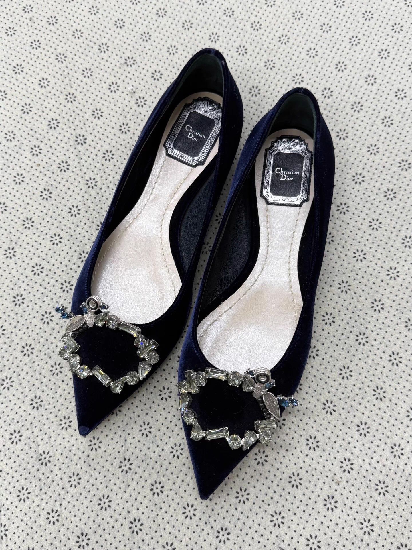 Dior Dior Navy Velvet Pointed Rhinestone Buckle Flat38 Size US 7 / IT 37 - 1 Thumbnail
