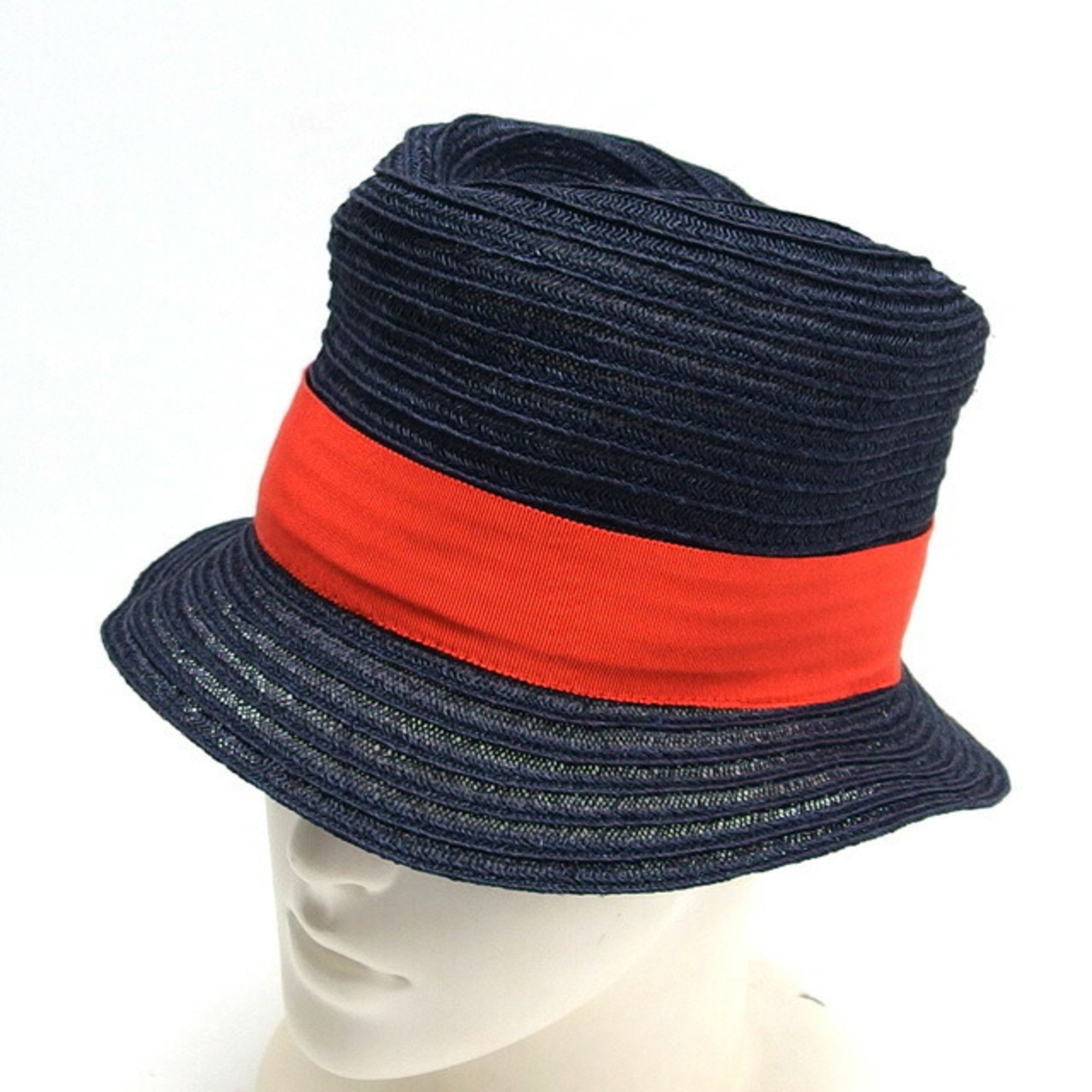 image of Hermes Hemp Straw Hat Ribbon Dark Navy Orange in Black, Women's