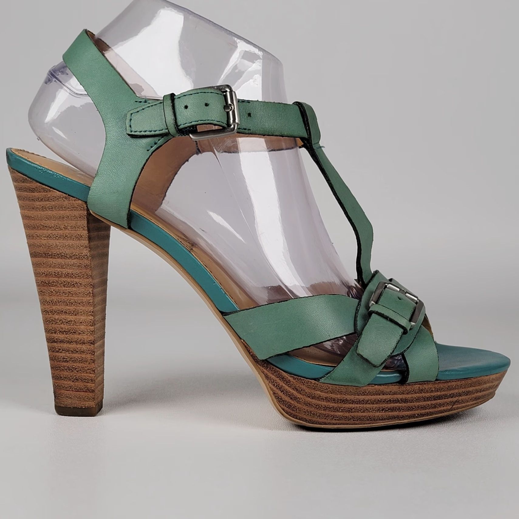 Franco Sarto Franco Sarto Heel Women Platform Open Toe T Strap Buckle Leather Blue Green 9M Size US 7 / IT 37 - 3 Thumbnail