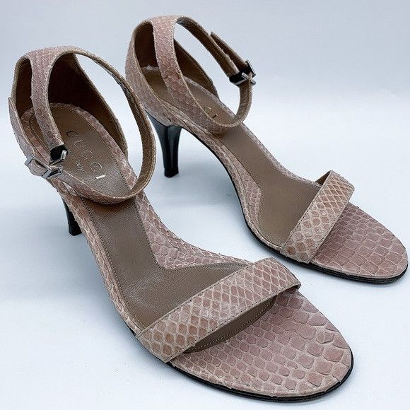 Gucci Snake Pattern Kitten Heel Ankle Strap Leather Sandal