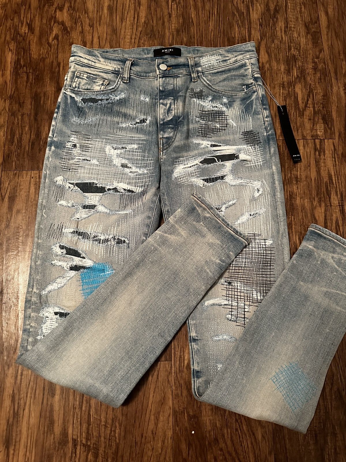 image of Amiri All Over Repair Jean Size 33 in Blue, Men's