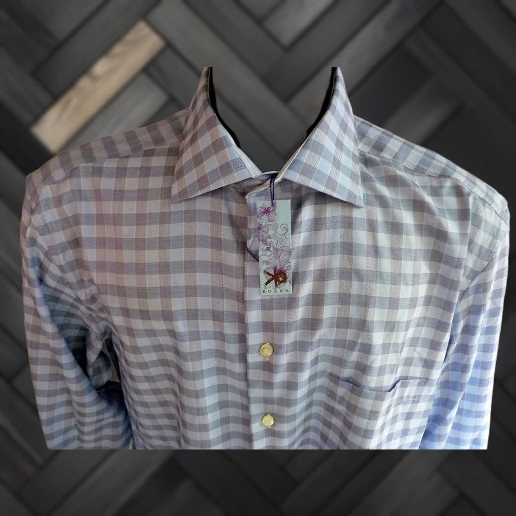 Egara EGARA Dress Shirt LS Checked-Spread Collar Flip Cuff Blue/Navy 17/17 1/2 NWT Mens Shirt Size US XL / EU 56 / 4 - 1 Thumbnail